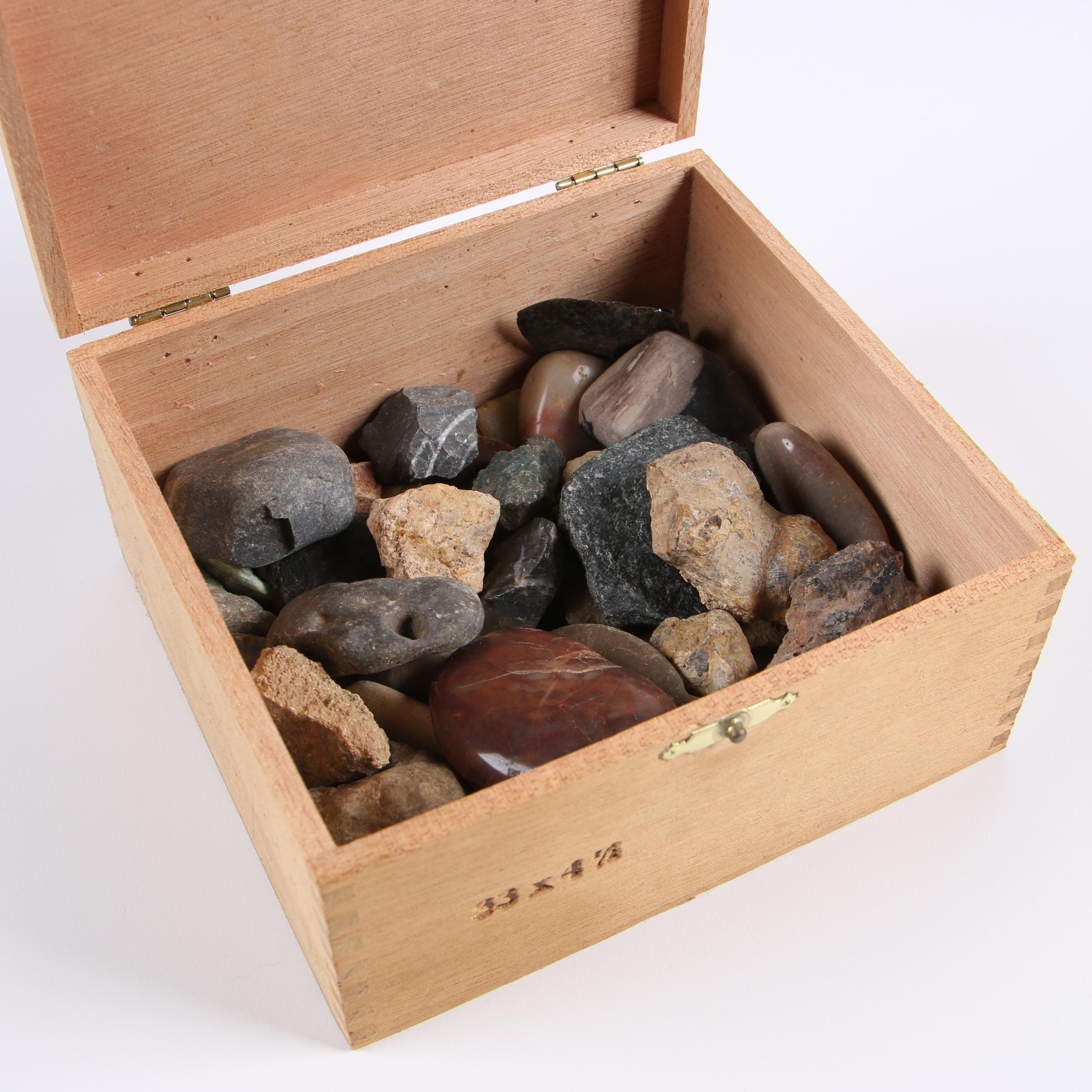 Selection of Cigar Boxes and Decorative Tin Boxes with Mineral Specimens