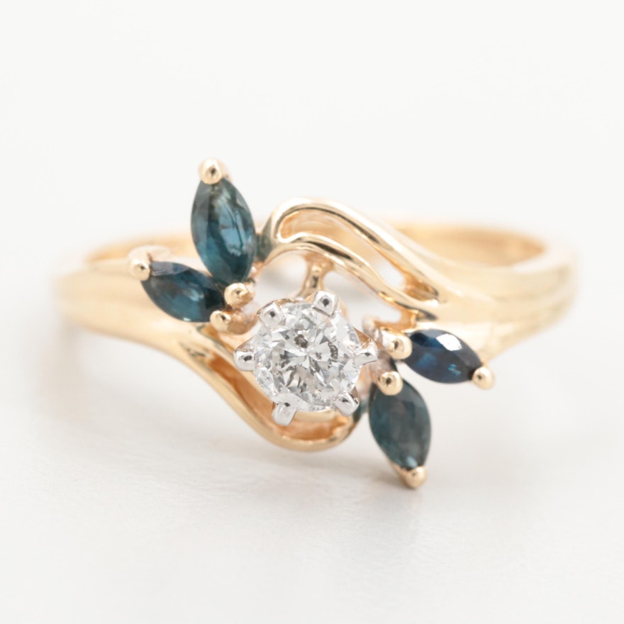 14K Yellow and White Gold Diamond and Sapphire Ring