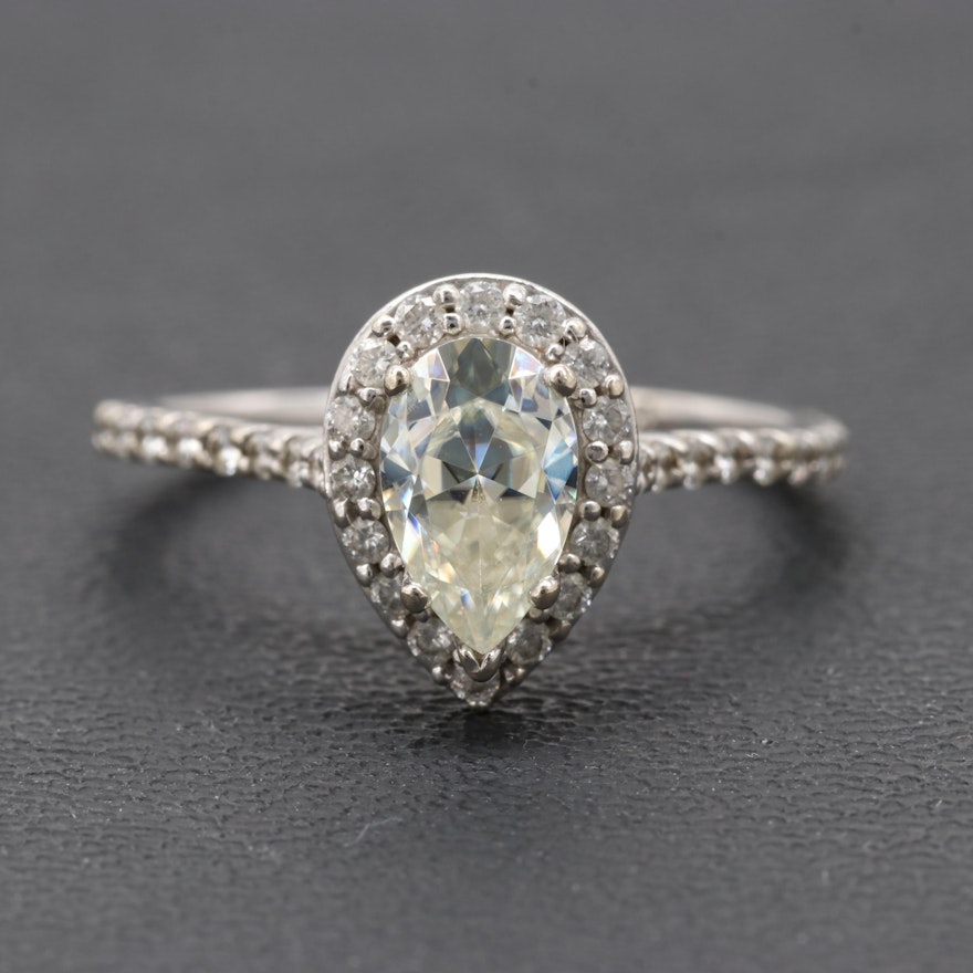 14K White Gold Synthetic Moissanite And Diamond Ring