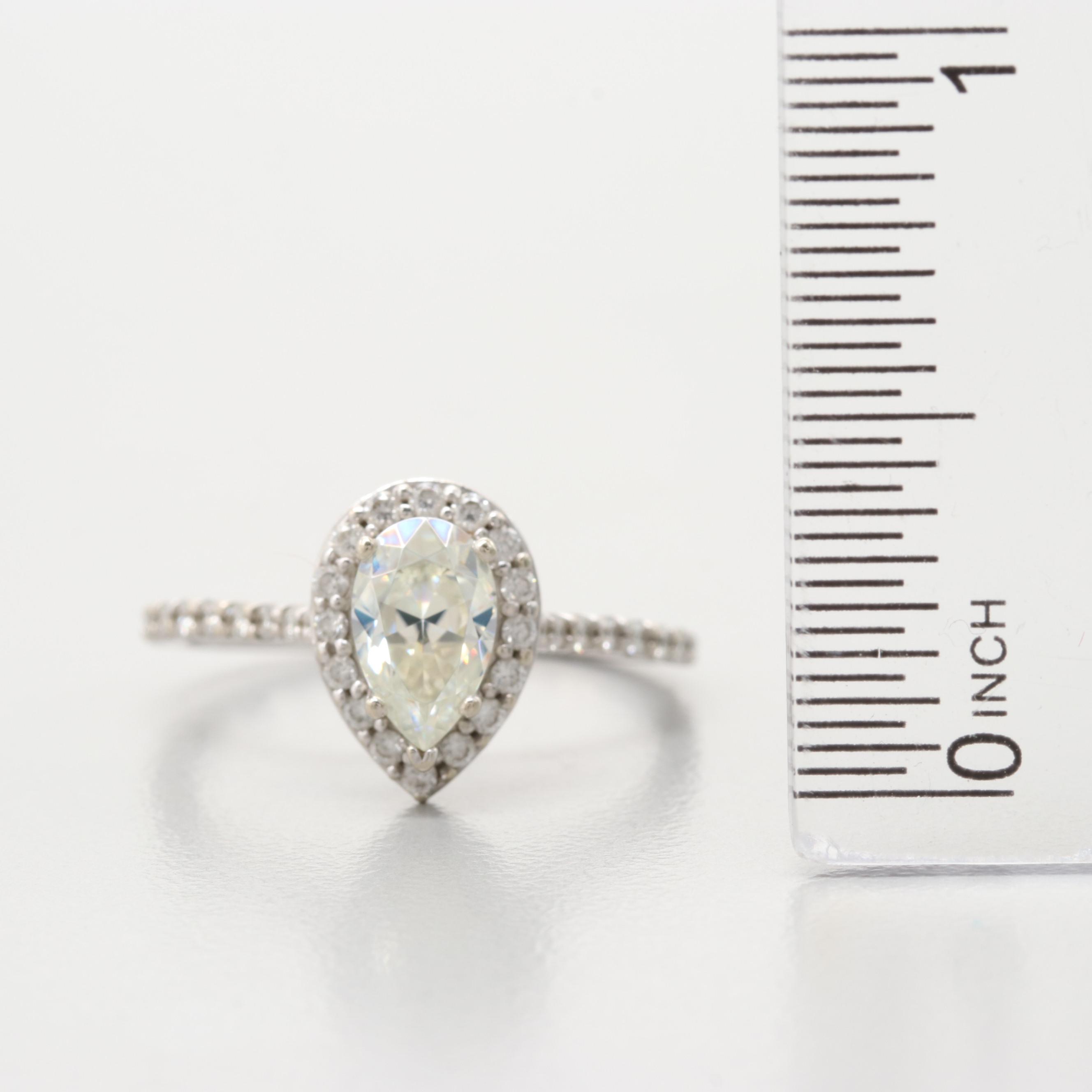 14K White Gold Synthetic Moissanite And Diamond Ring