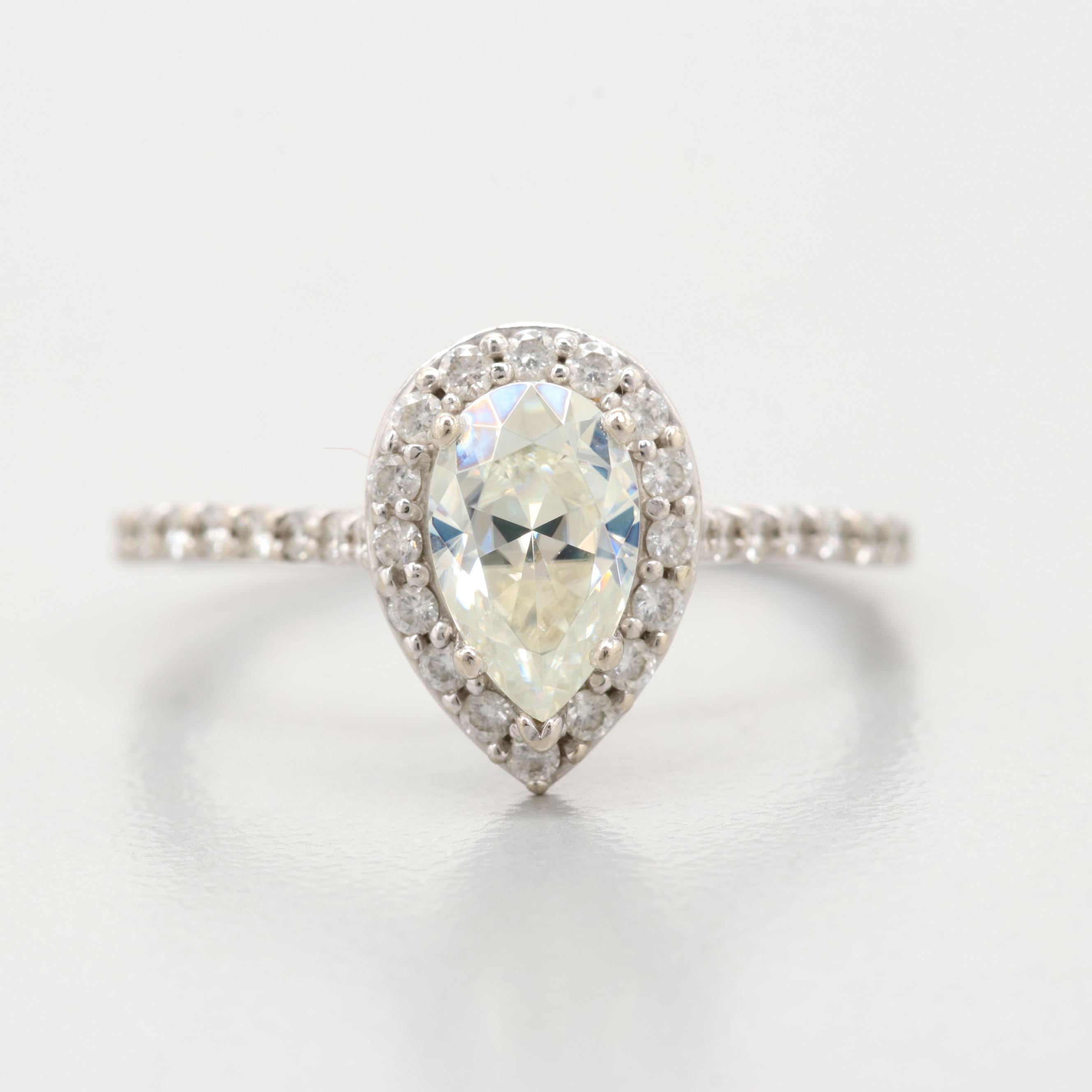 14K White Gold Synthetic Moissanite And Diamond Ring