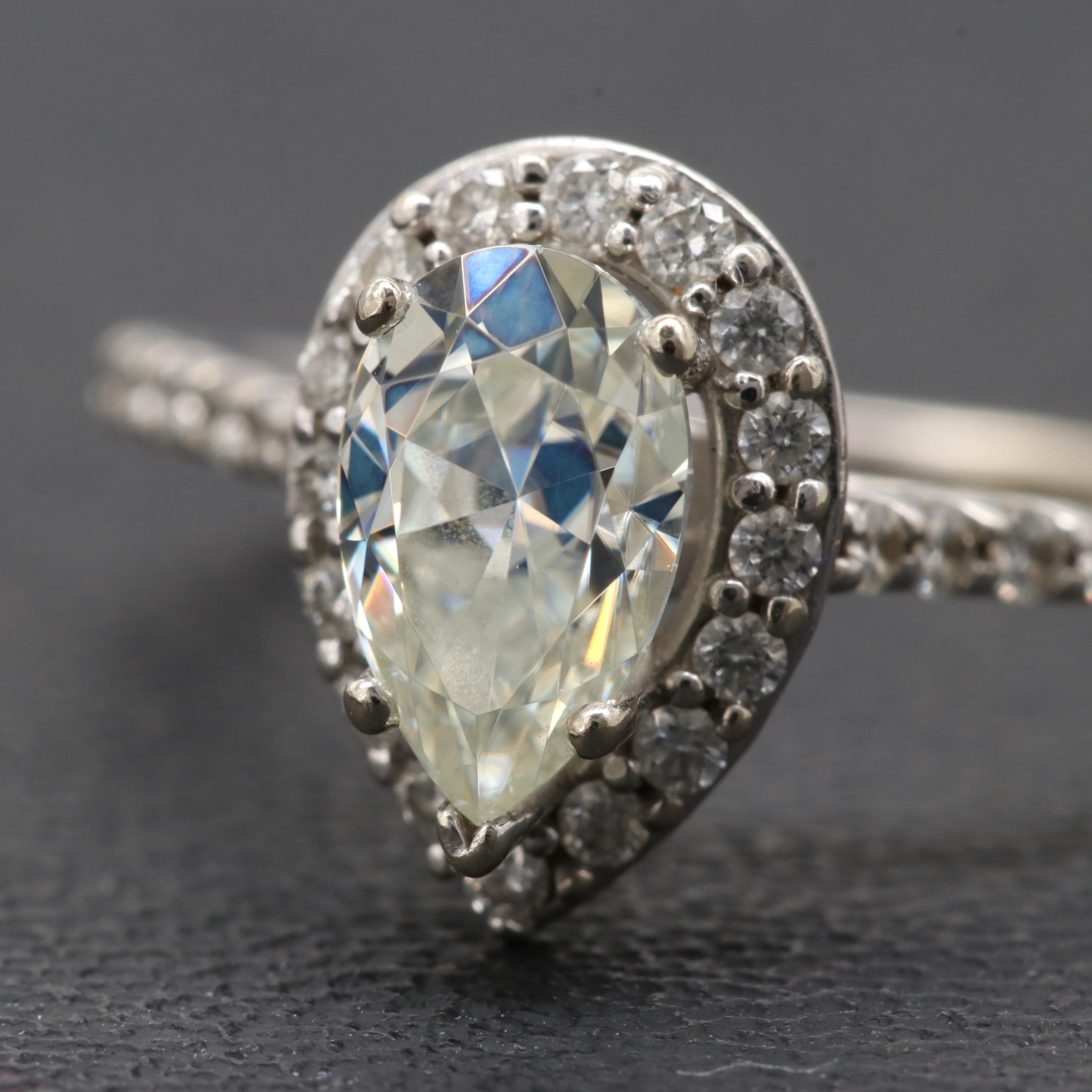 14K White Gold Synthetic Moissanite And Diamond Ring