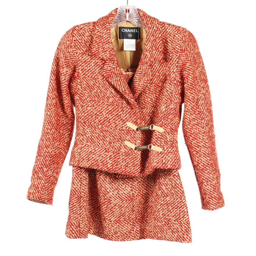 Chanel Red and Tan Tweed Skirt Suit Featuring Metallic Gold Thread