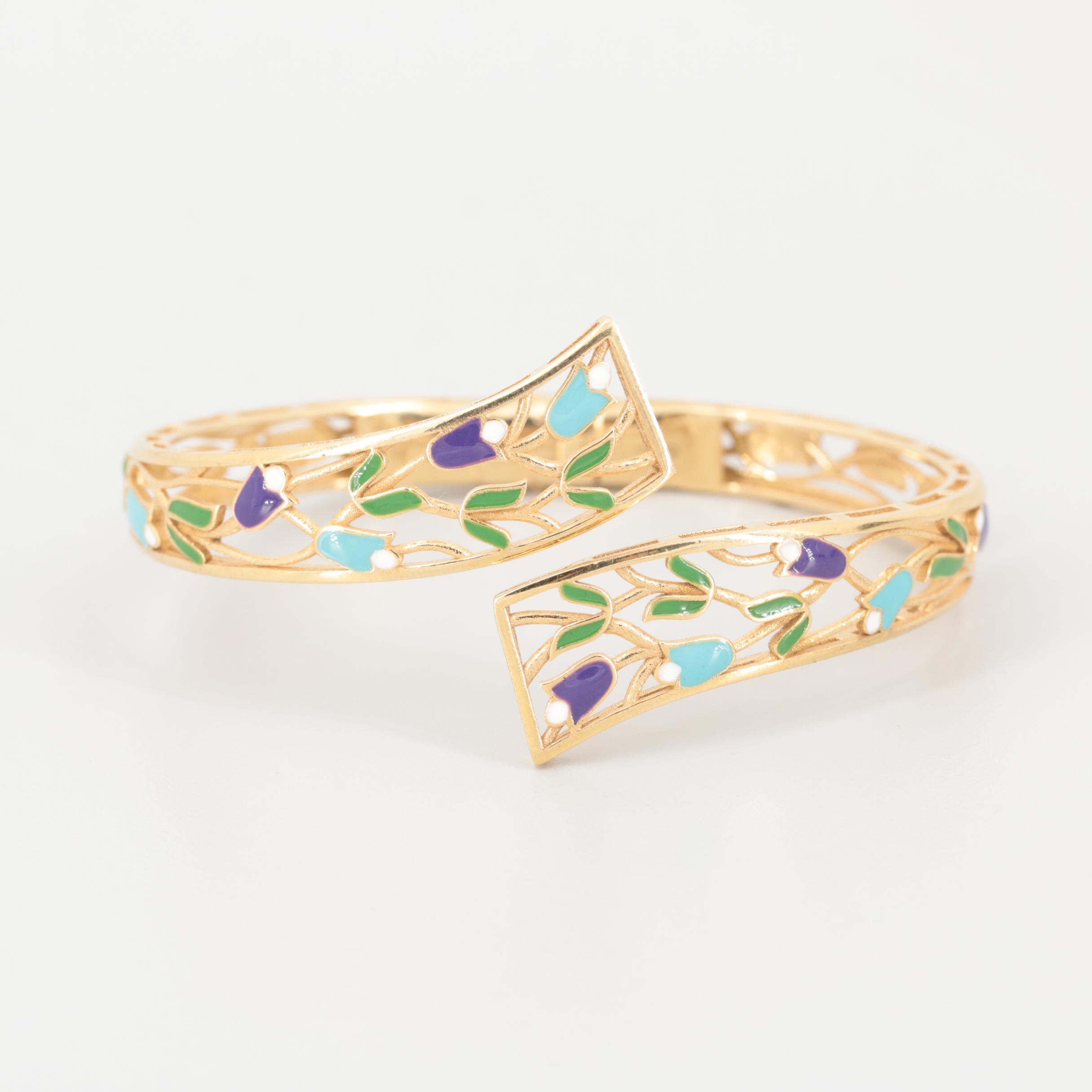 Dyadema Gold Wash on Sterling Silver Enamel Tulip Motif Bypass Bracelet