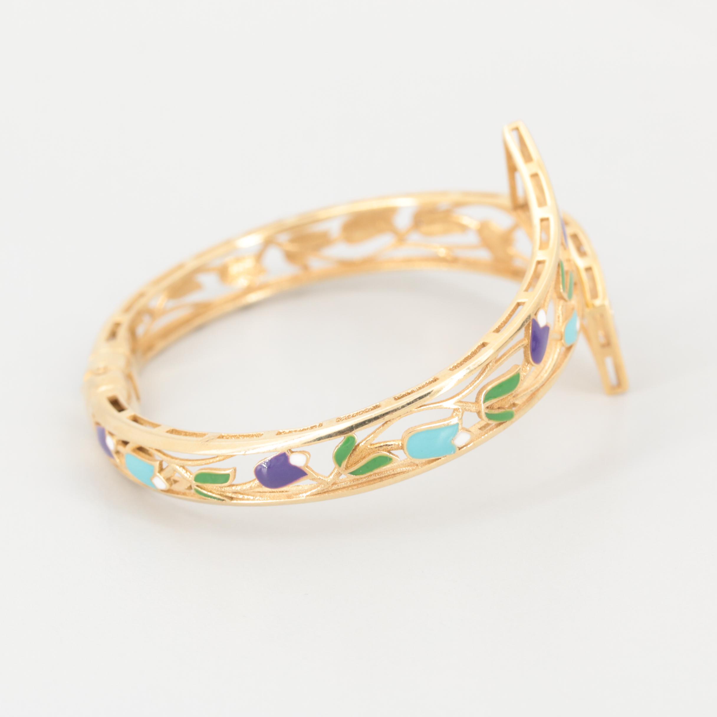 Dyadema Gold Wash on Sterling Silver Enamel Tulip Motif Bypass Bracelet