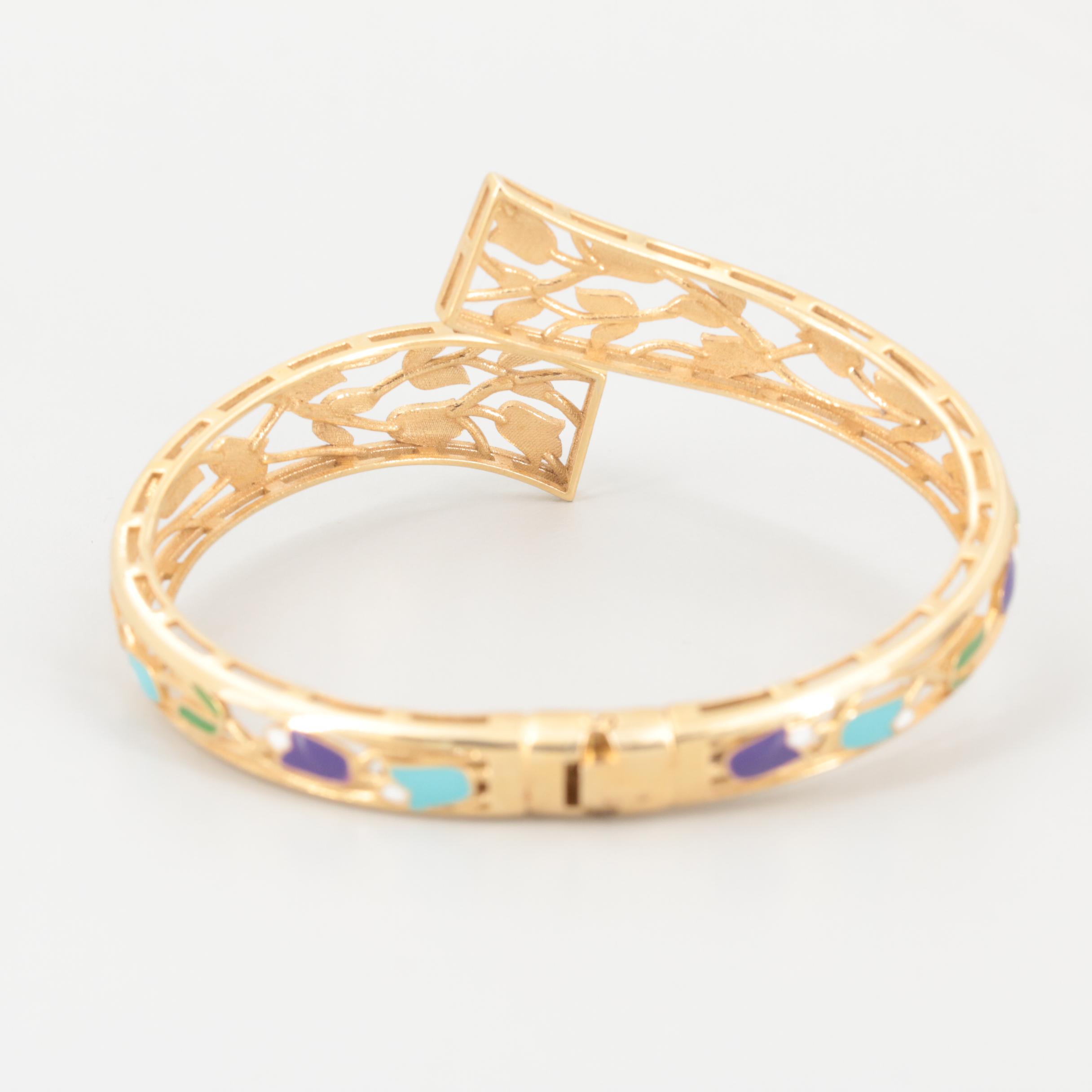 Dyadema Gold Wash on Sterling Silver Enamel Tulip Motif Bypass Bracelet