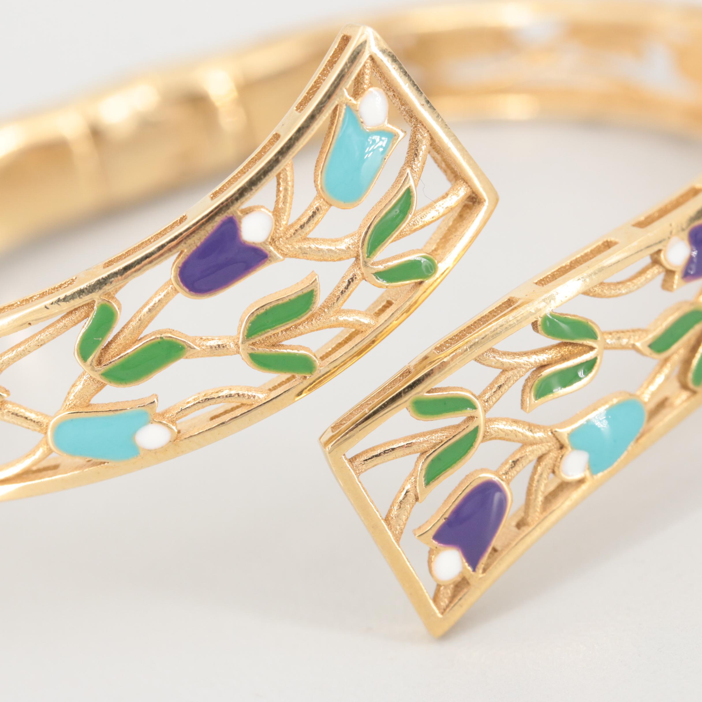 Dyadema Gold Wash on Sterling Silver Enamel Tulip Motif Bypass Bracelet