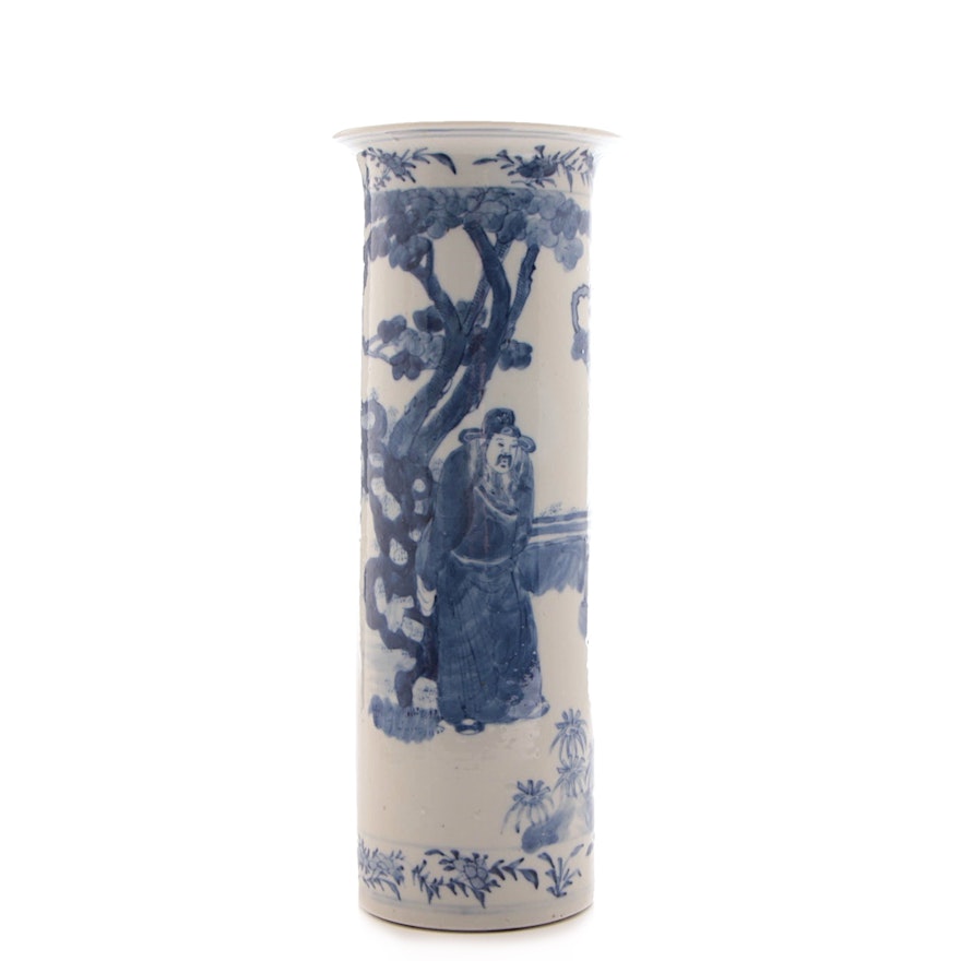 Chinese Blue and White Cylindrical Porcelain Vase, Qing Dynasty