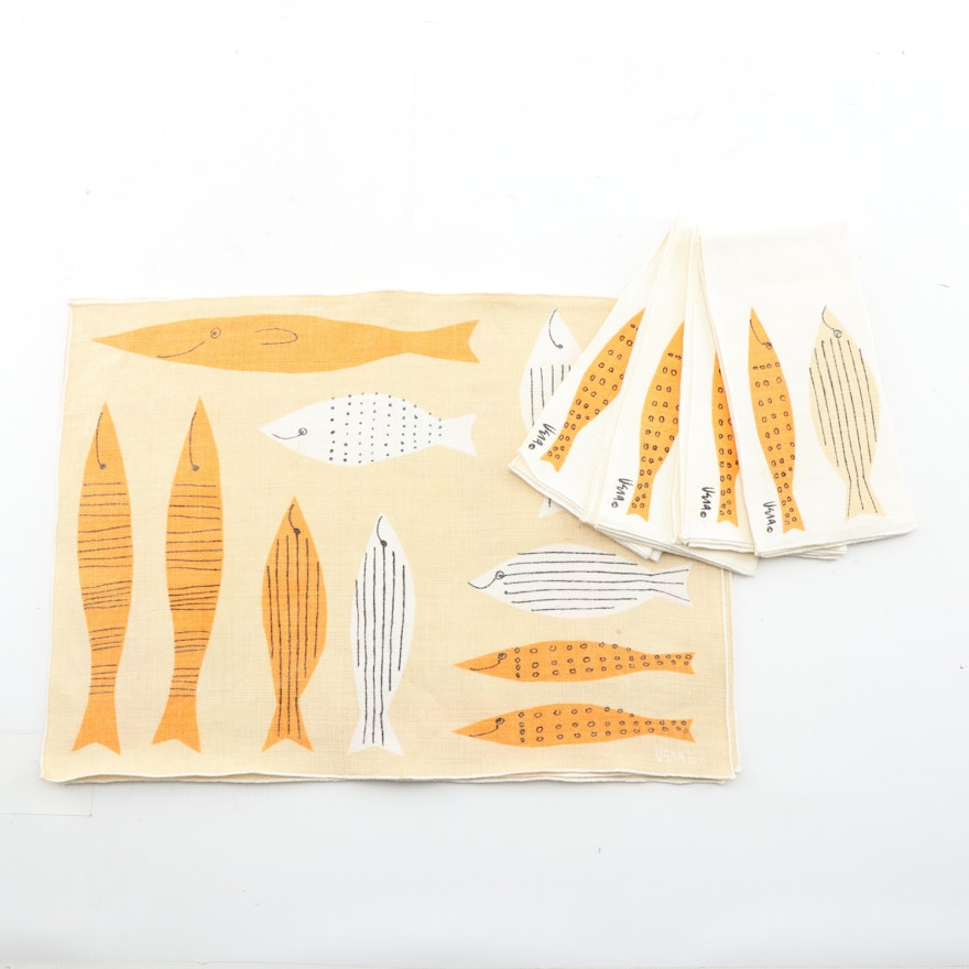 Mid-Century Modern Vera Neumann Fish Motif Linen Placemats and Napkins