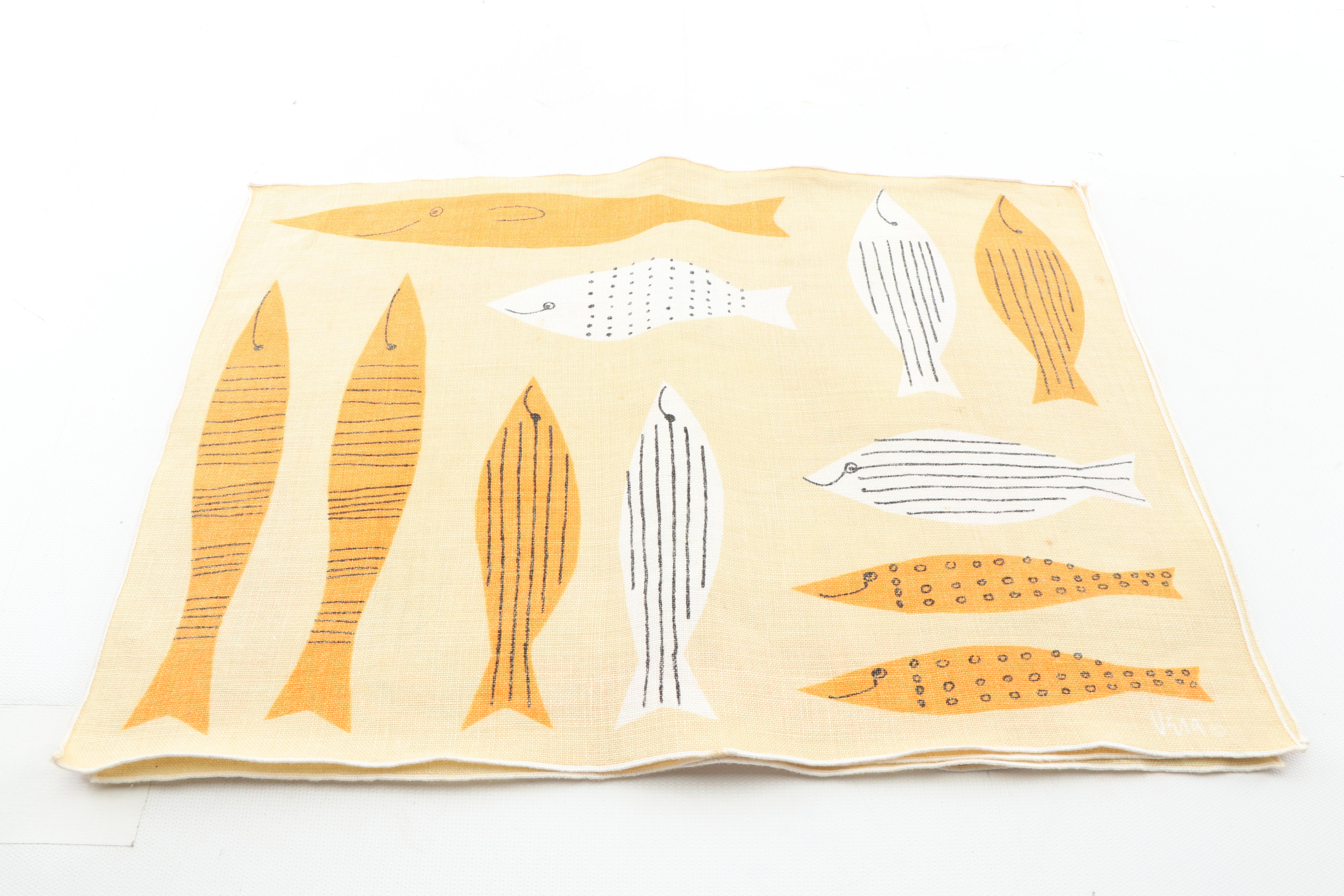 Mid-Century Modern Vera Neumann Fish Motif Linen Placemats and Napkins