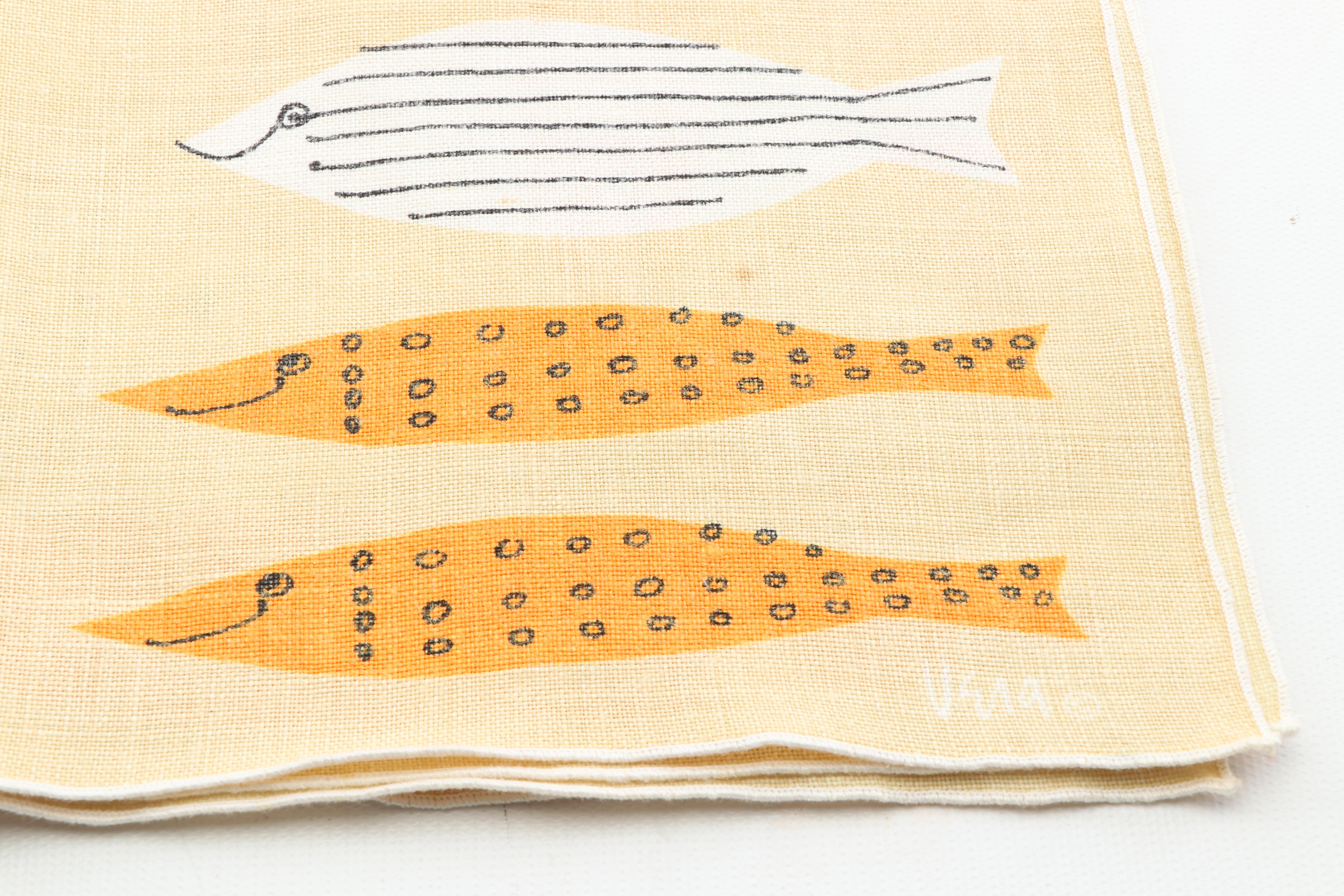 Mid-Century Modern Vera Neumann Fish Motif Linen Placemats and Napkins