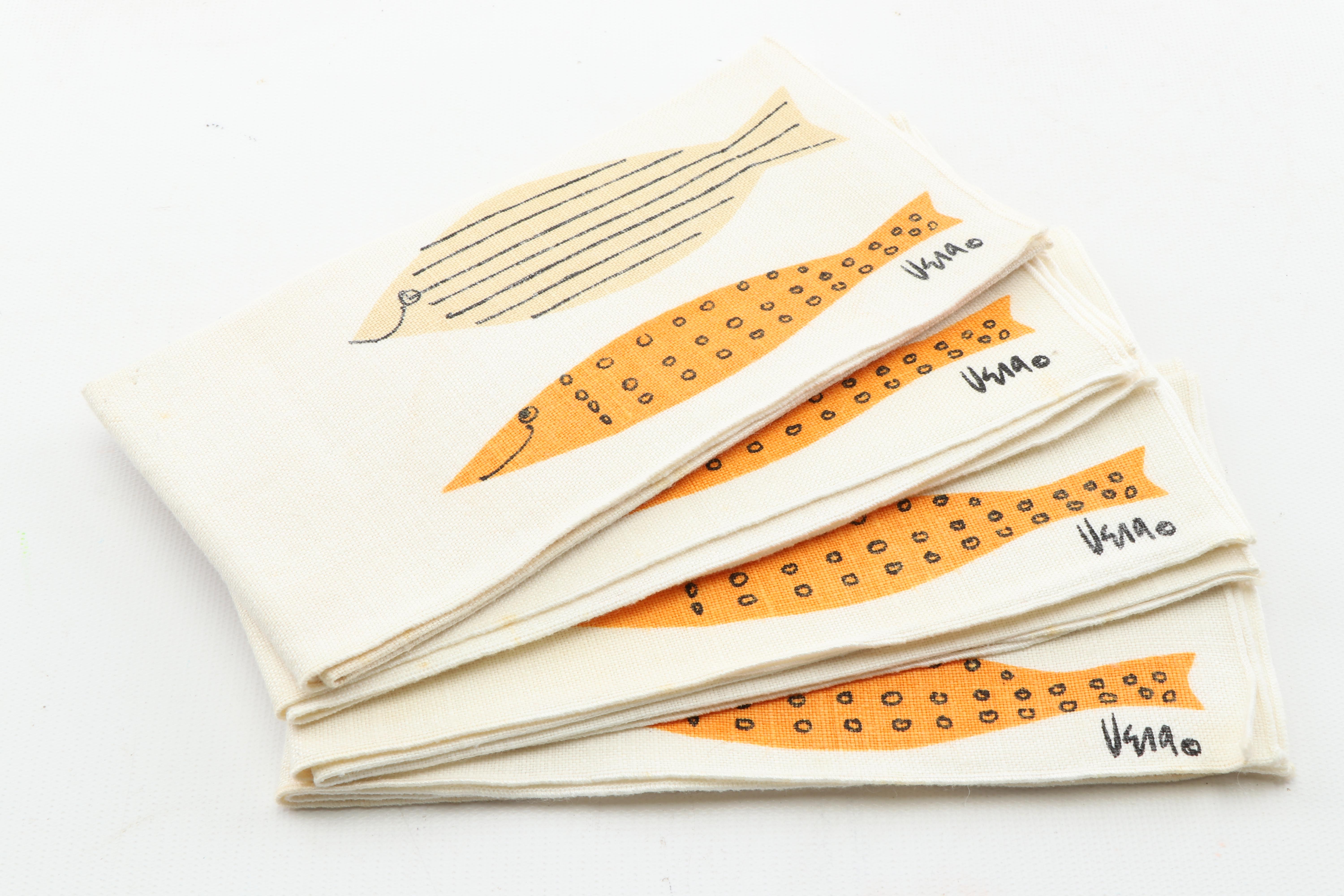 Mid-Century Modern Vera Neumann Fish Motif Linen Placemats and Napkins