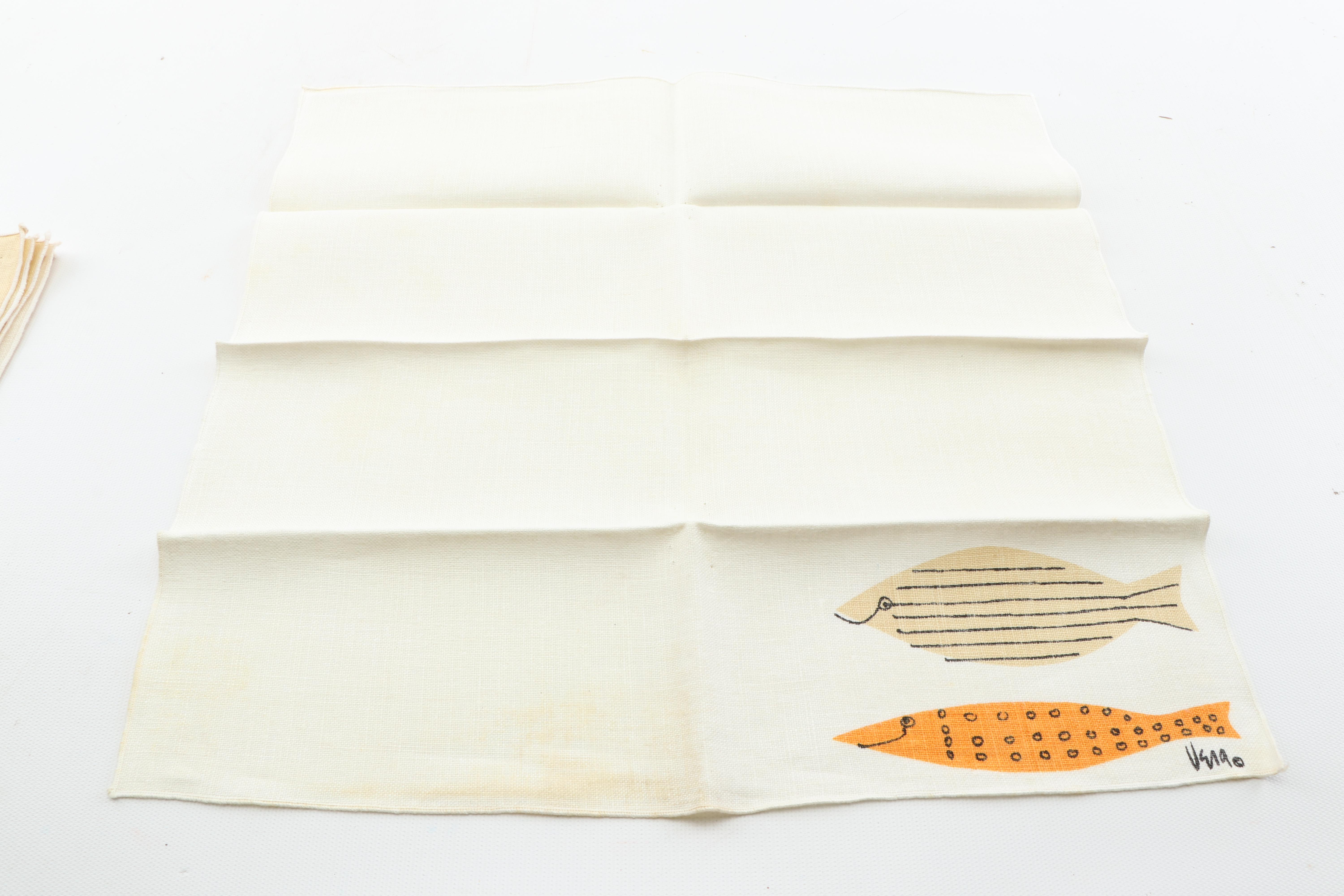 Mid-Century Modern Vera Neumann Fish Motif Linen Placemats and Napkins