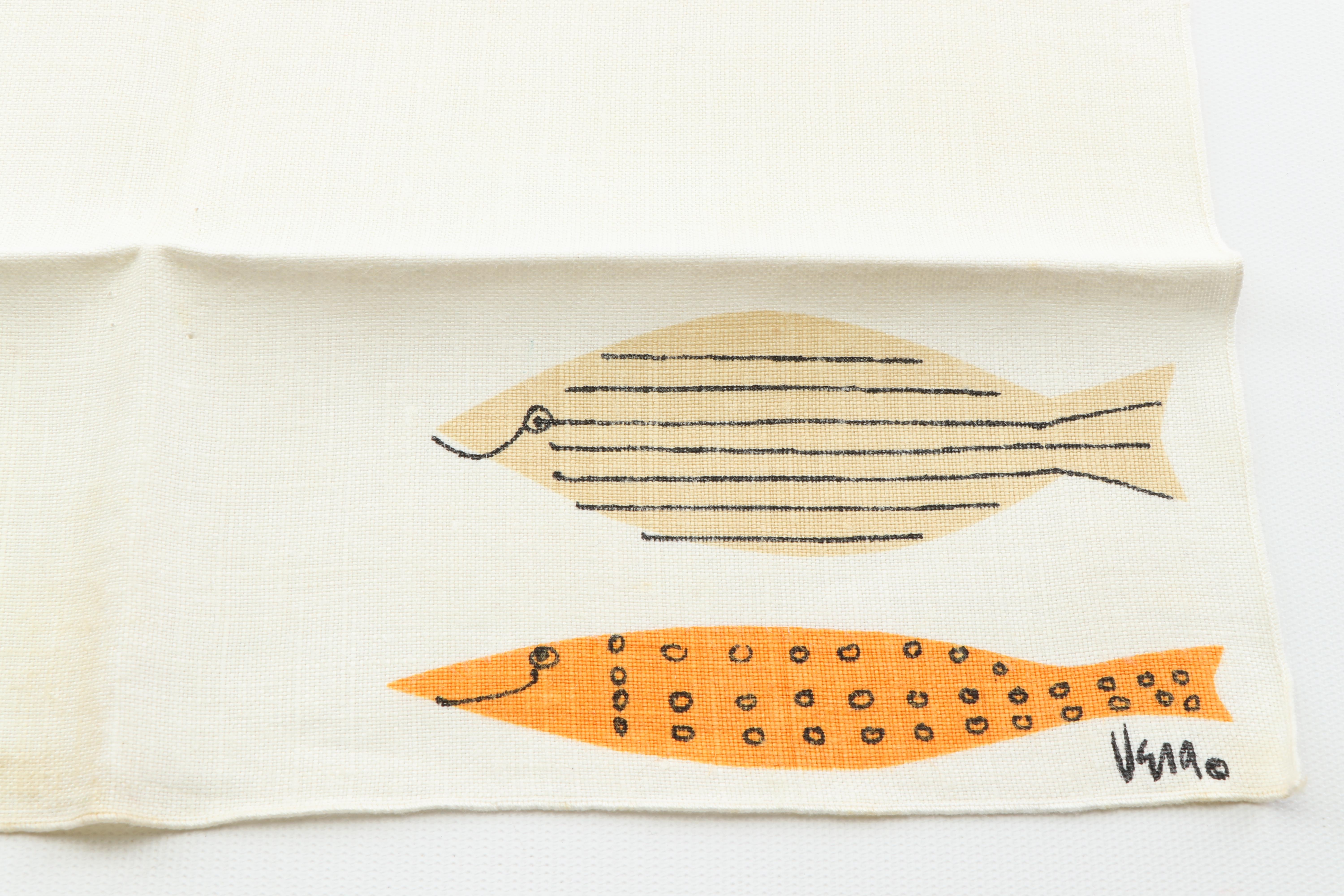 Mid-Century Modern Vera Neumann Fish Motif Linen Placemats and Napkins