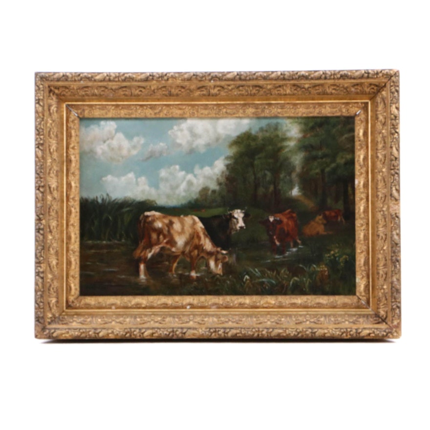 Oil Painting of Cattle in Bucolic Landscape