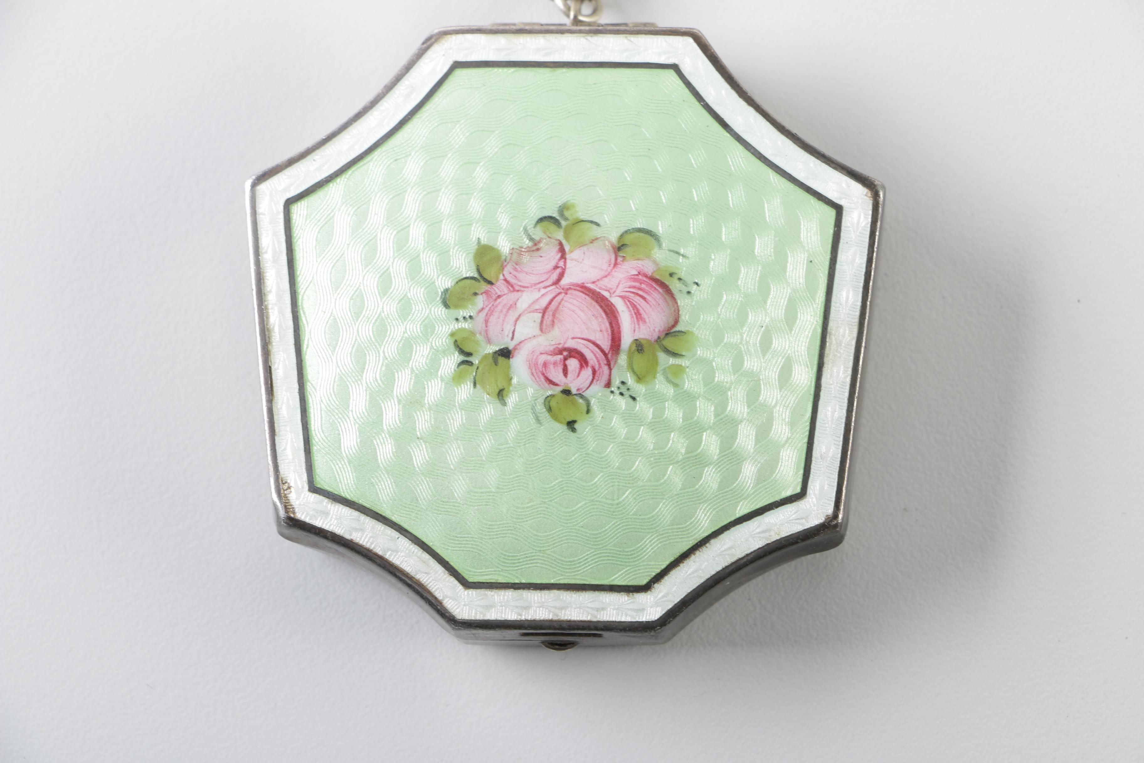 Guilloche Enameled Nickel Silver Chatelaine Compact with Perfume Bottle