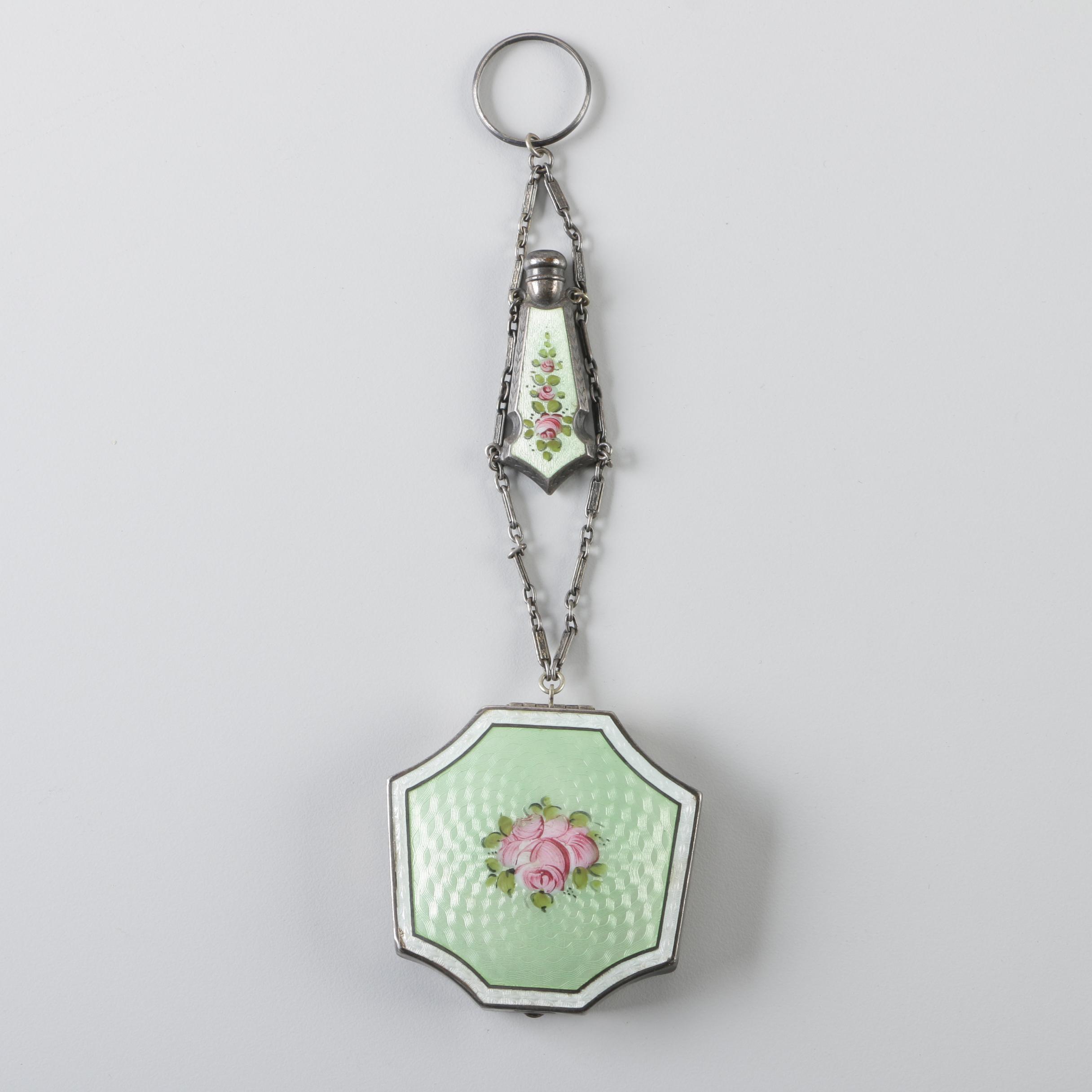 Guilloche Enameled Nickel Silver Chatelaine Compact with Perfume Bottle