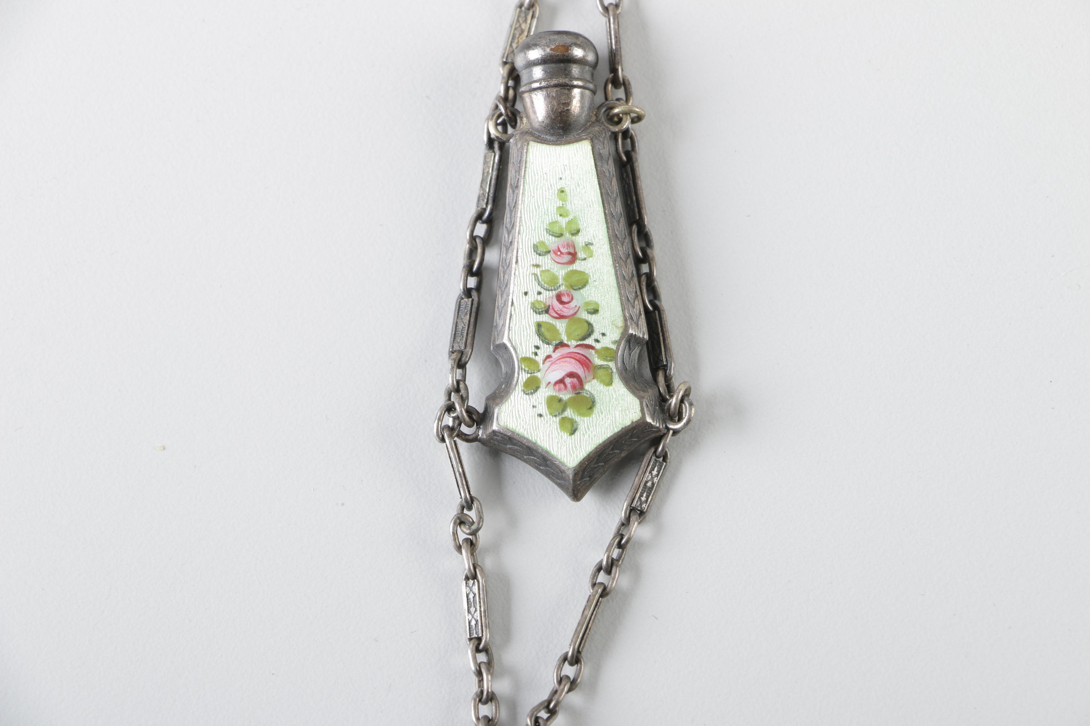Guilloche Enameled Nickel Silver Chatelaine Compact with Perfume Bottle
