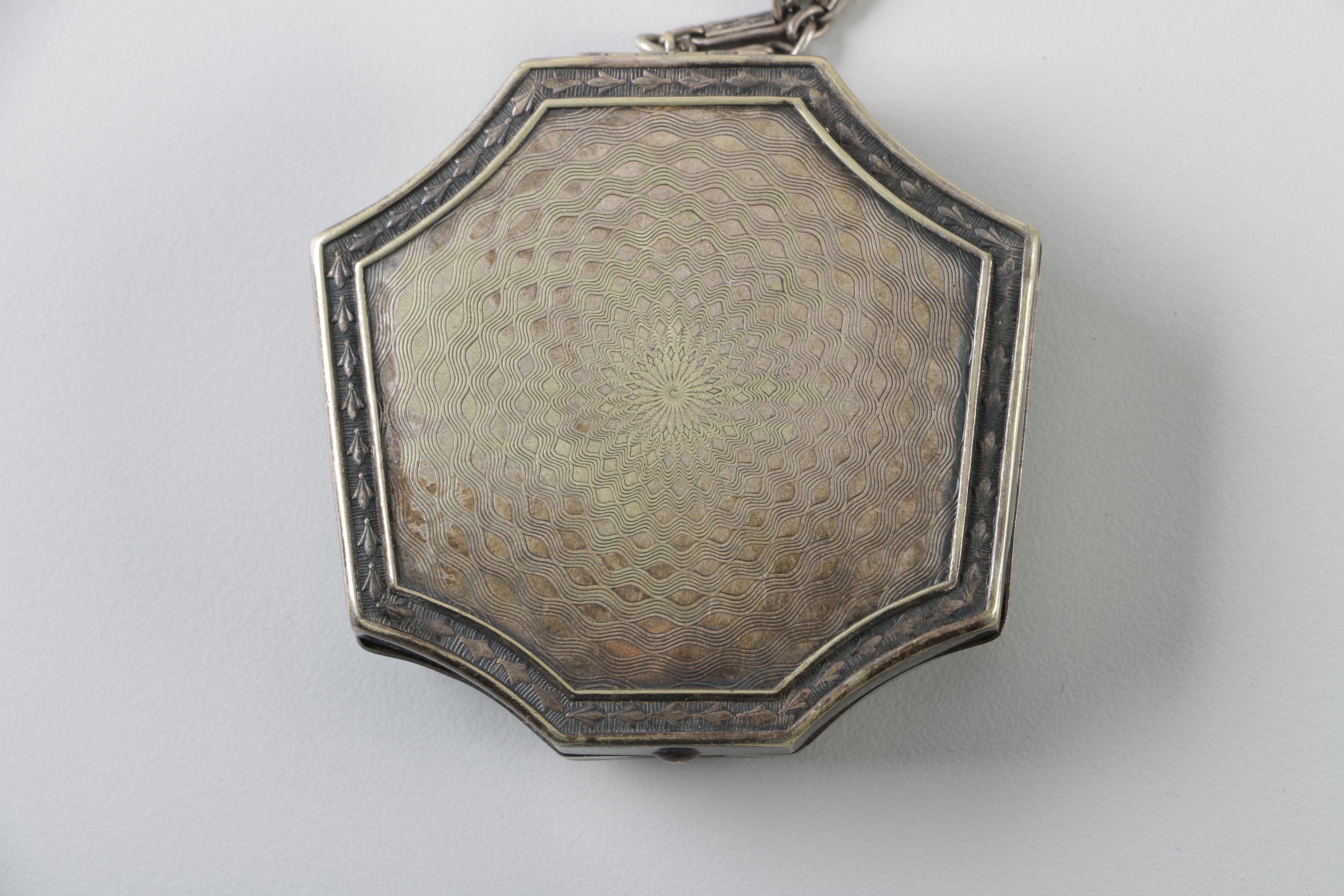 Guilloche Enameled Nickel Silver Chatelaine Compact with Perfume Bottle