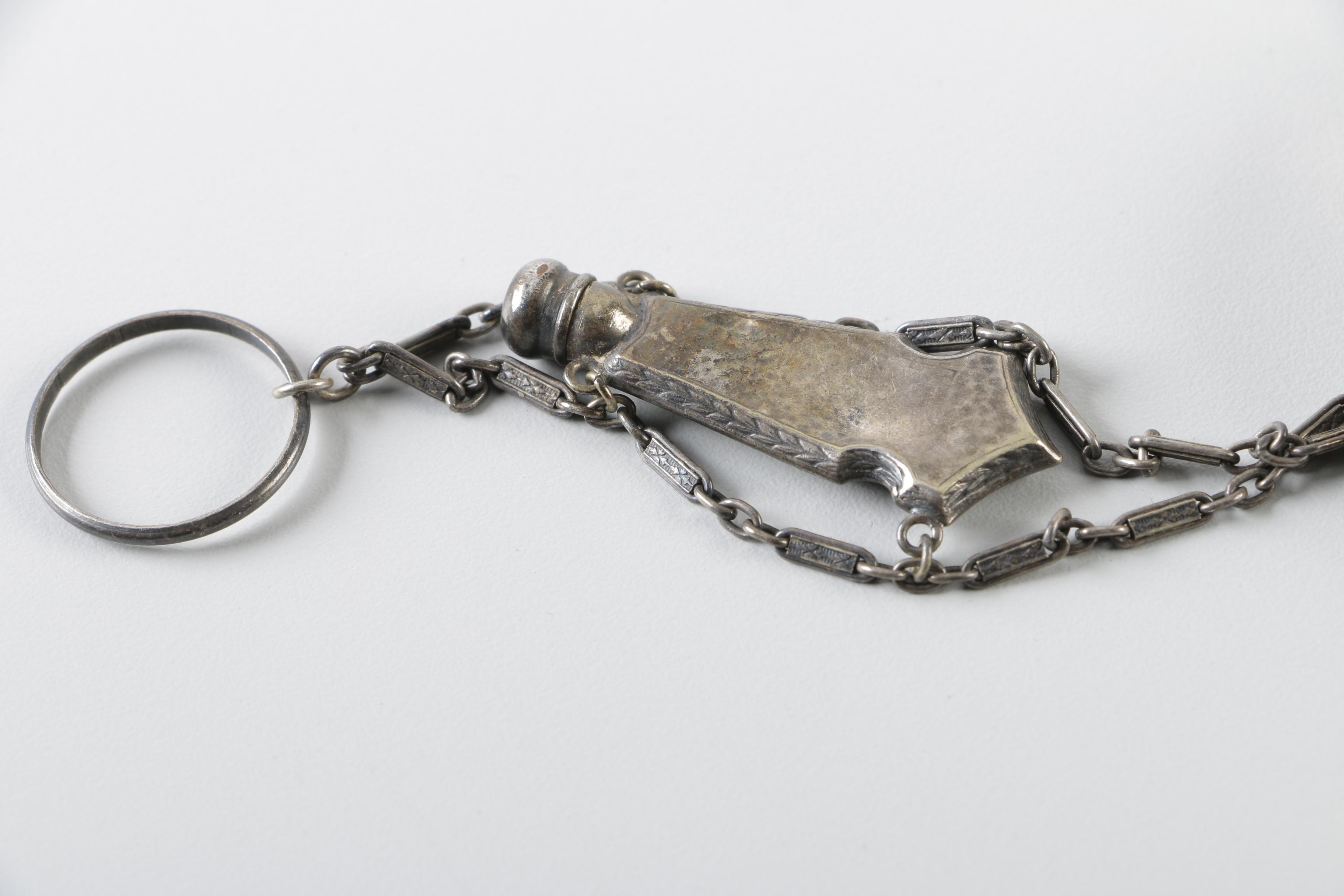 Guilloche Enameled Nickel Silver Chatelaine Compact with Perfume Bottle