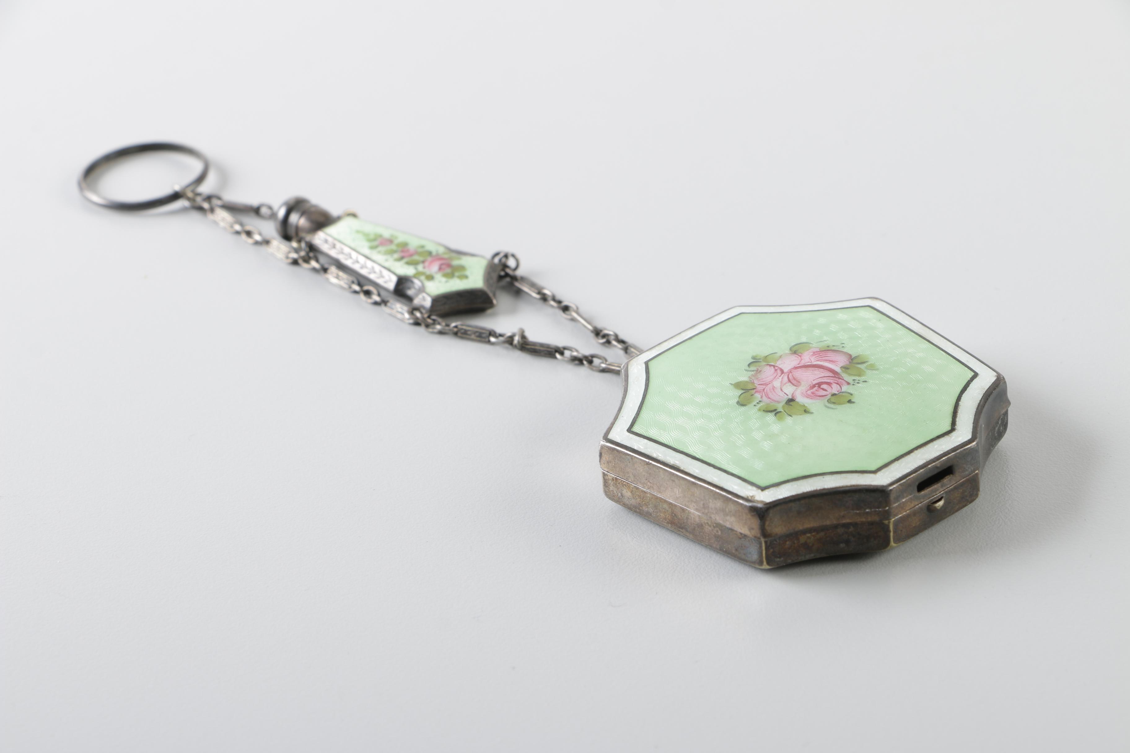 Guilloche Enameled Nickel Silver Chatelaine Compact with Perfume Bottle