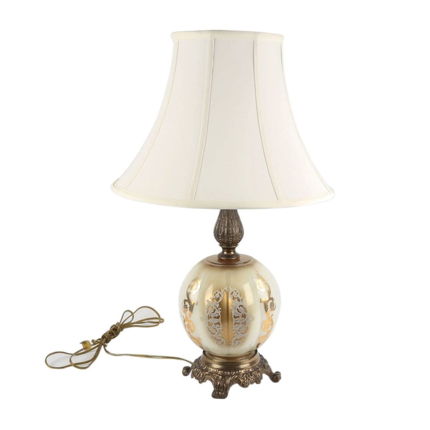 Vintage Gilt Accented Glass Orb Table Lamp with Footed Brass Base and Lampshade