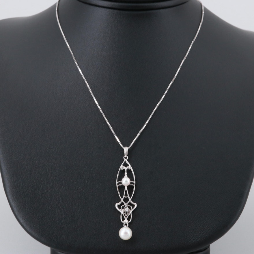 10K and 14K White Gold Cultured Pearl and Diamond Pendant Necklace