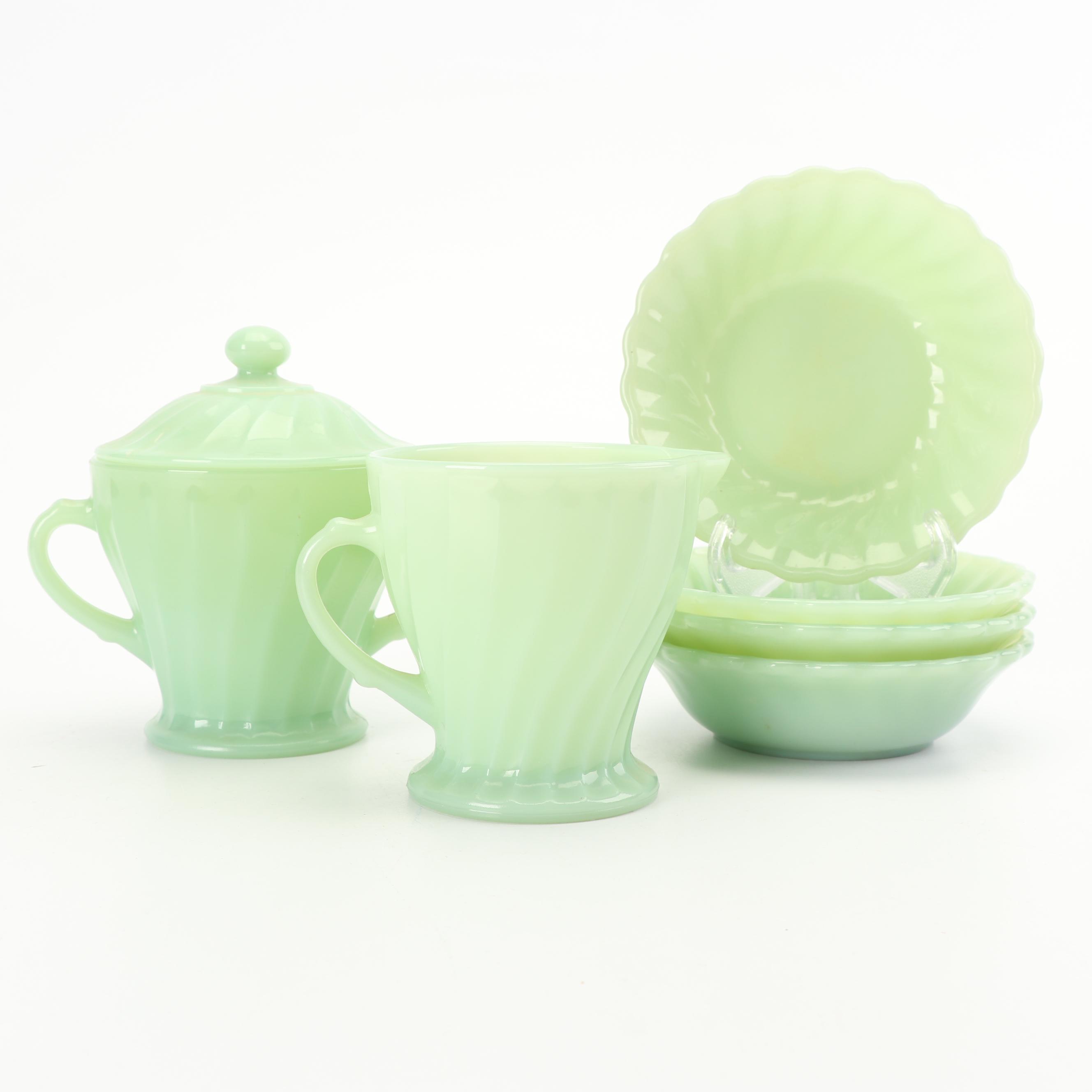 Anchor Hocking Fire King Jadeite Green Glass Creamer, Sugar, and Berry Bowls