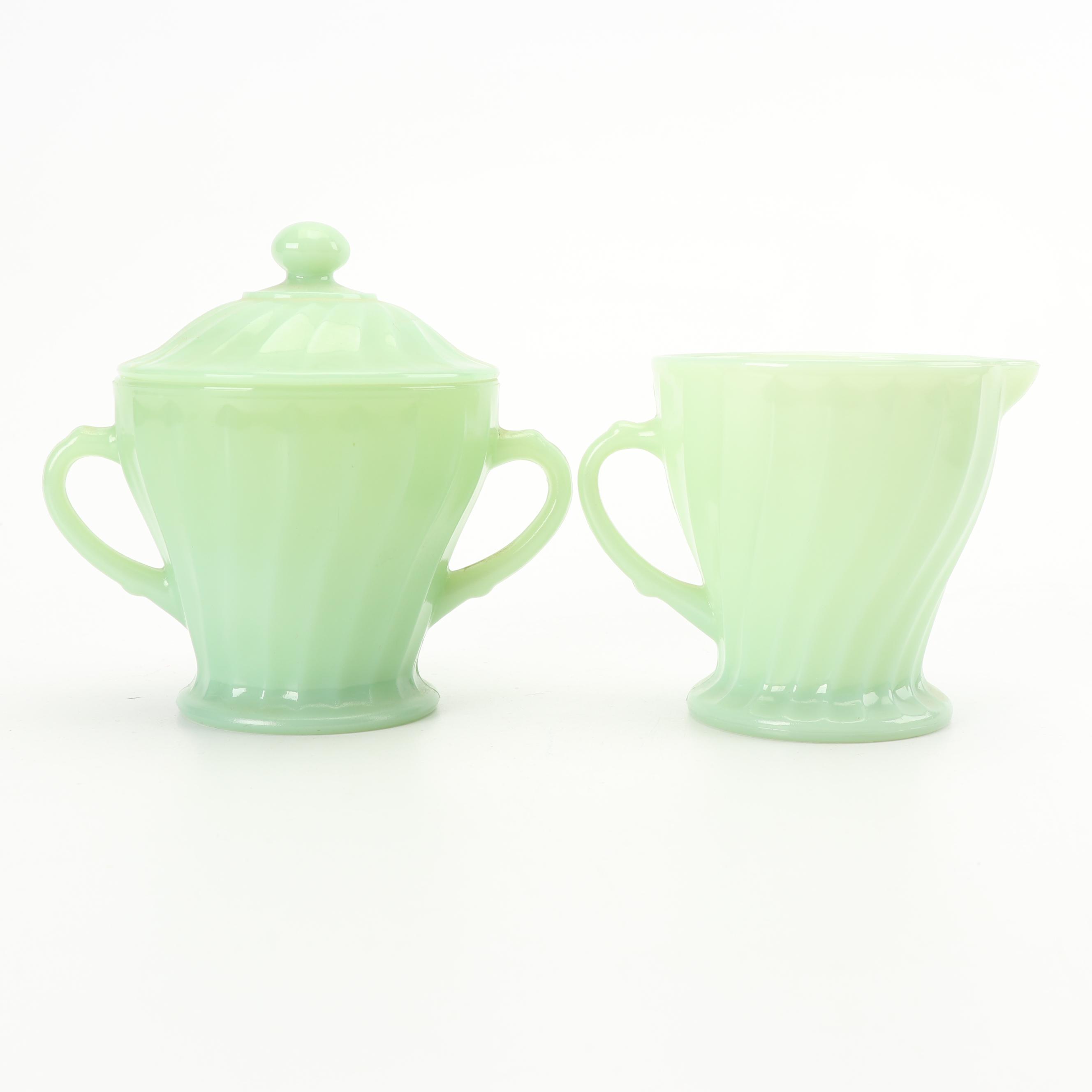 Anchor Hocking Fire King Jadeite Green Glass Creamer, Sugar, and Berry Bowls