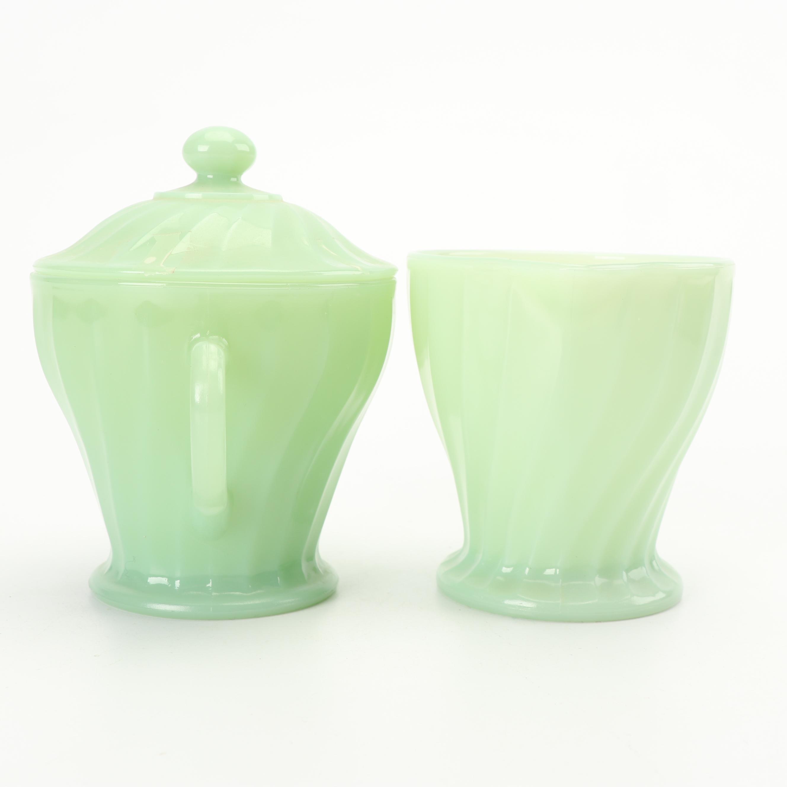Anchor Hocking Fire King Jadeite Green Glass Creamer, Sugar, and Berry Bowls