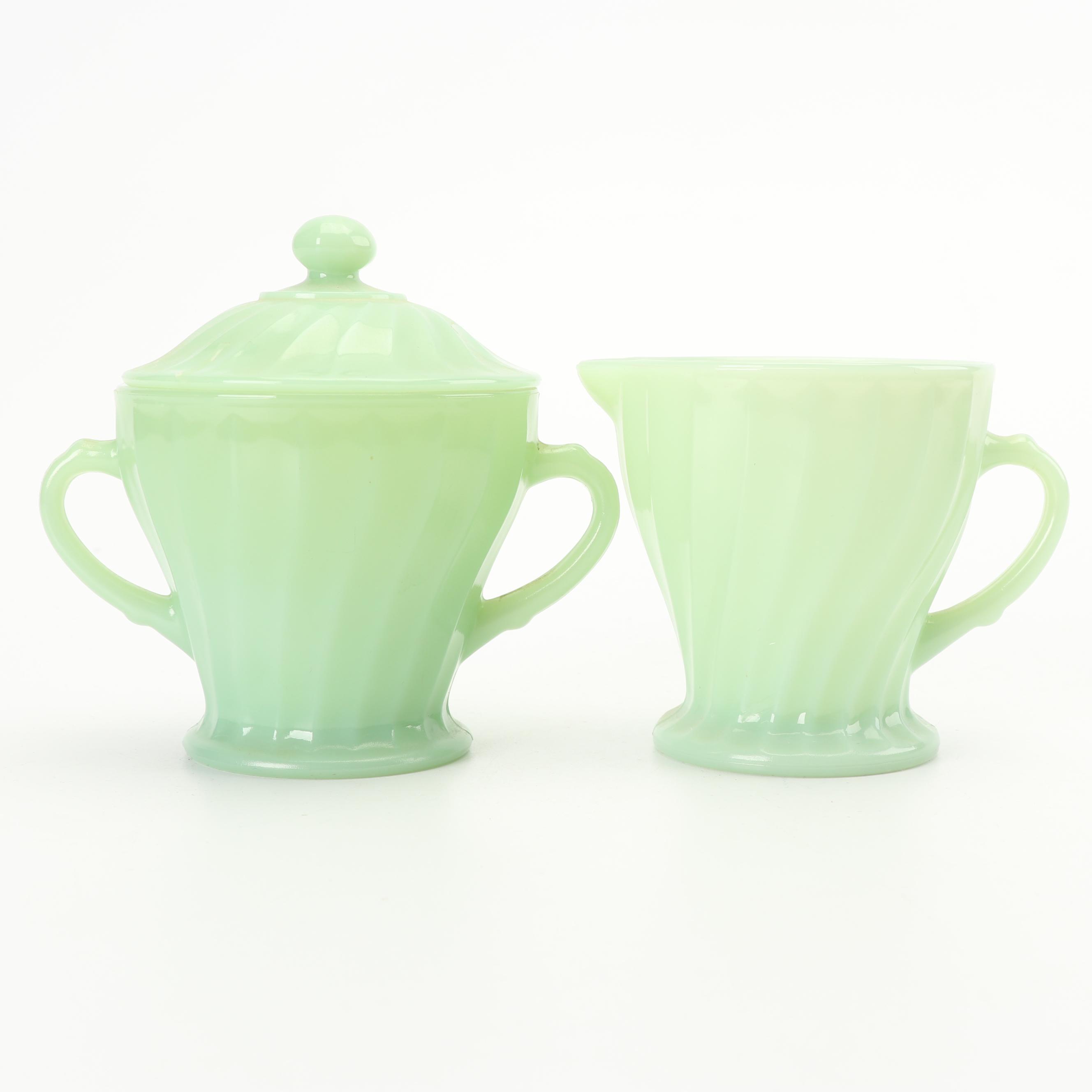 Anchor Hocking Fire King Jadeite Green Glass Creamer, Sugar, and Berry Bowls