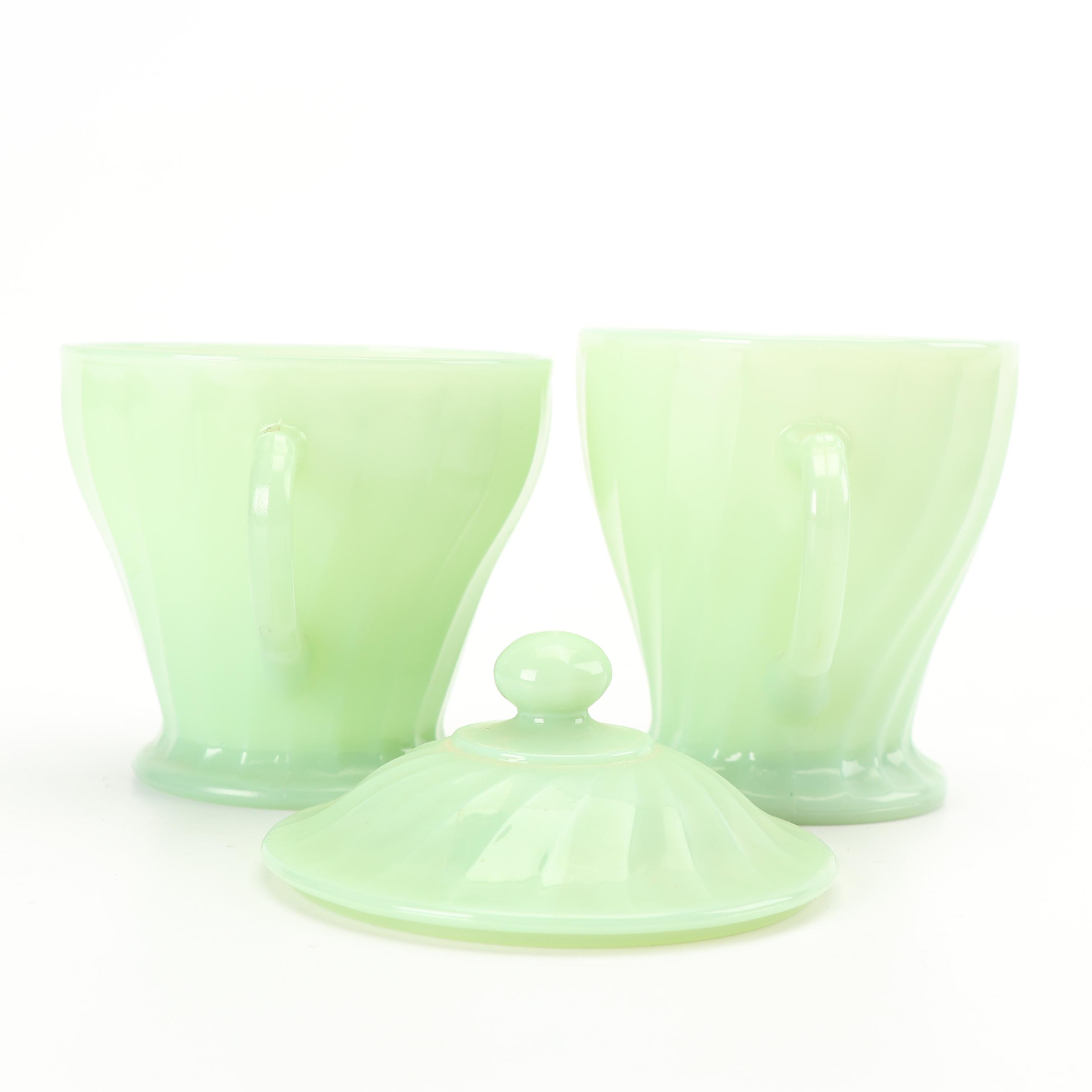 Anchor Hocking Fire King Jadeite Green Glass Creamer, Sugar, and Berry Bowls
