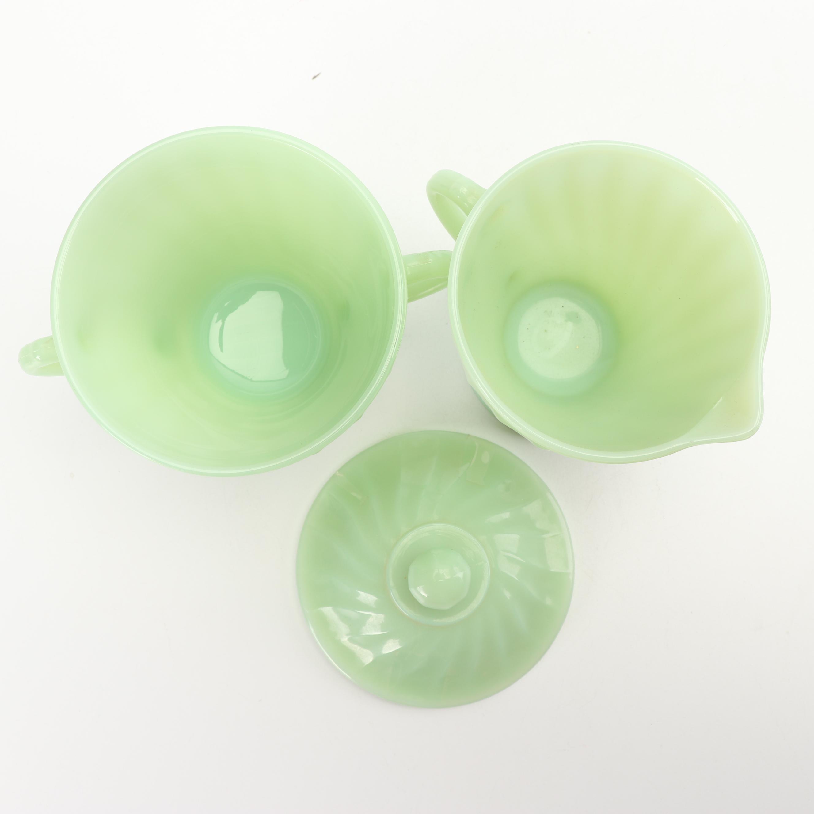 Anchor Hocking Fire King Jadeite Green Glass Creamer, Sugar, and Berry Bowls