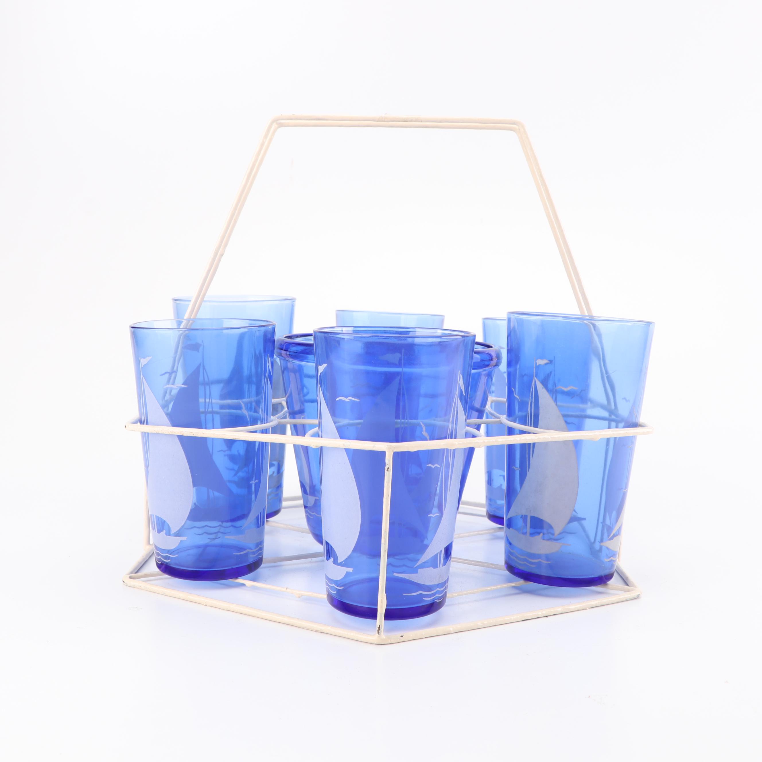 Hazel Atlas "Ships" Tumblers and Ice Bucket in Caddy