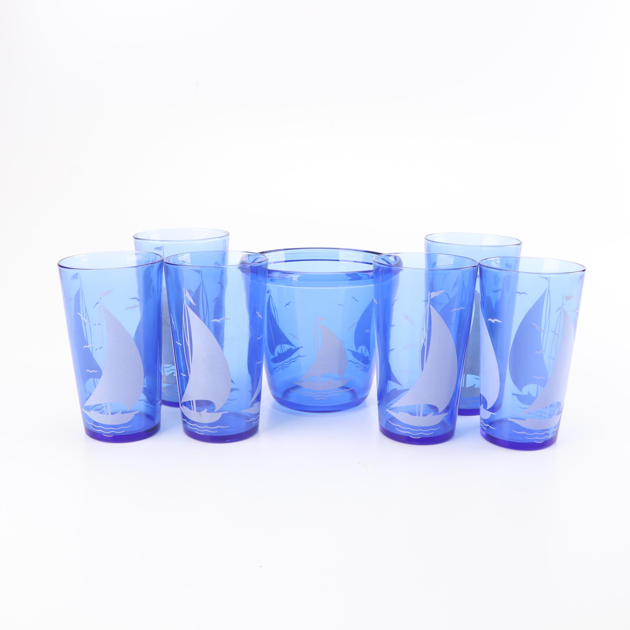 Hazel Atlas "Ships" Tumblers and Ice Bucket in Caddy