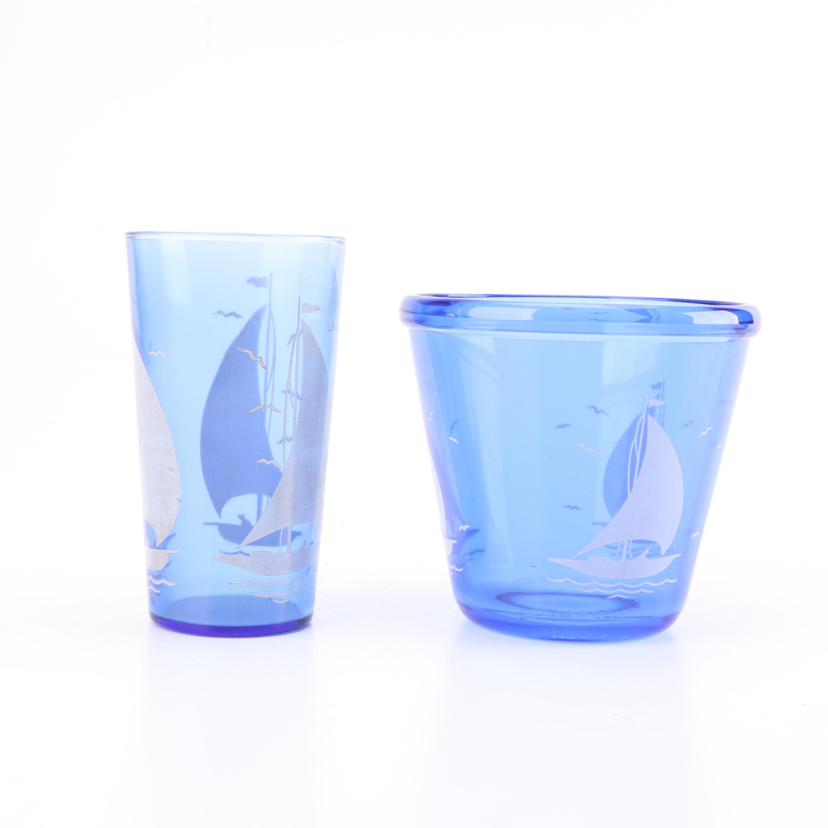 Hazel Atlas "Ships" Tumblers and Ice Bucket in Caddy