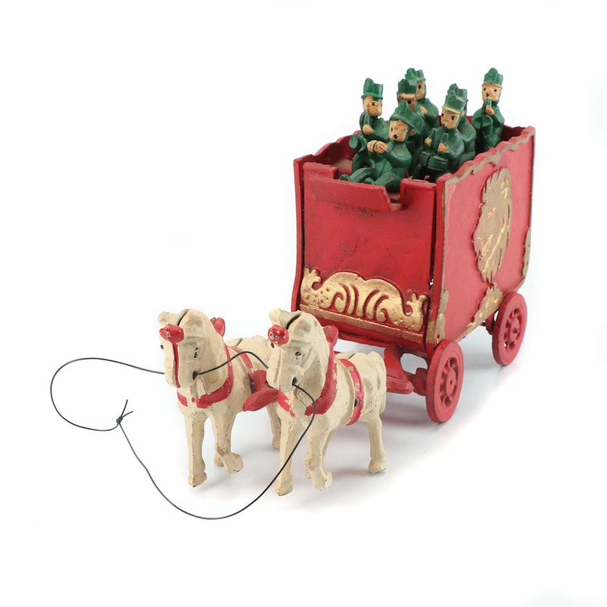 Cast Iron Circus Wagon with Horse and Musician Figurines, Mid-20th Century