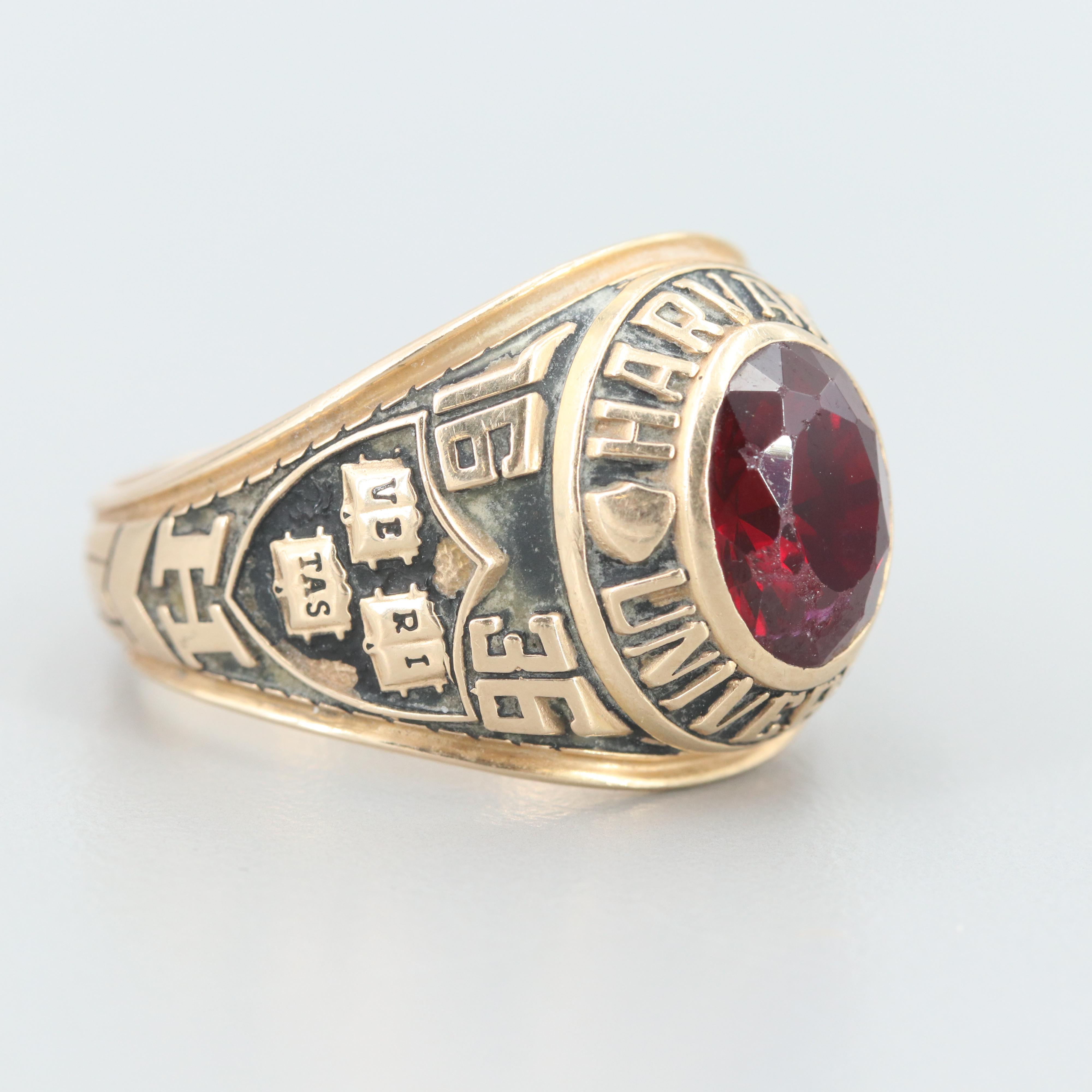 14K Yellow Gold Synthetic Ruby Harvard Class Ring
