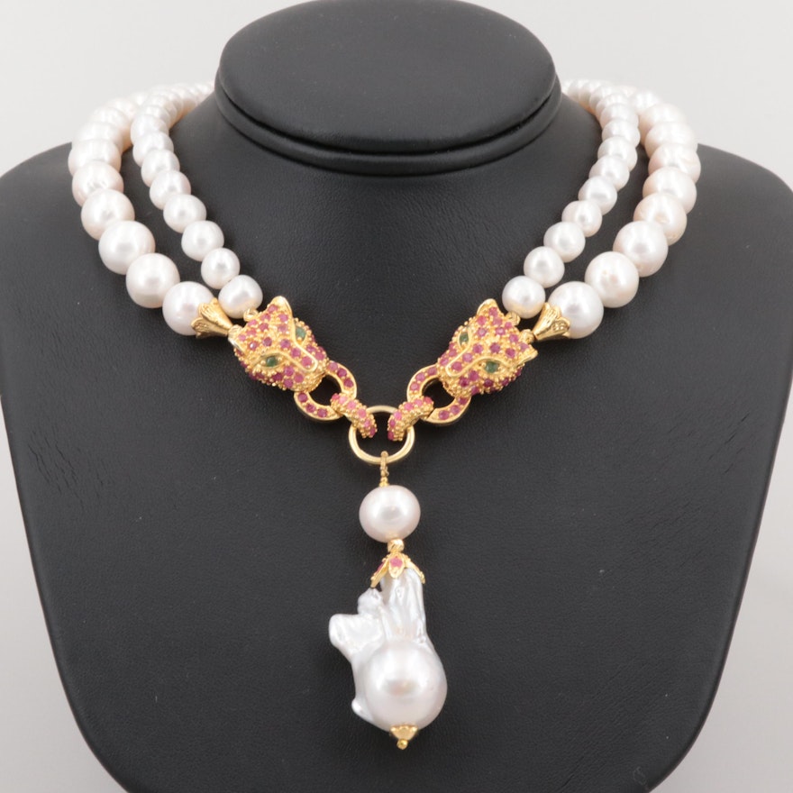 Gold Wash on Sterling Cultured Pearl and Gemstone Double Leopard Head Necklace
