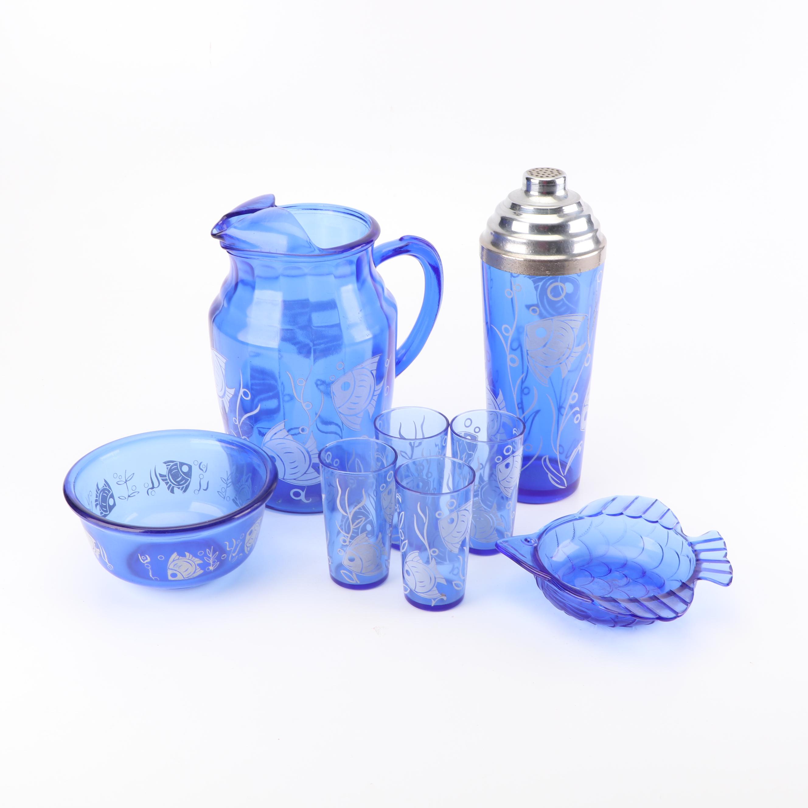 Vintage Hazel-Atlas "Angel Fish" Cobalt Glass Serveware and Tumblers