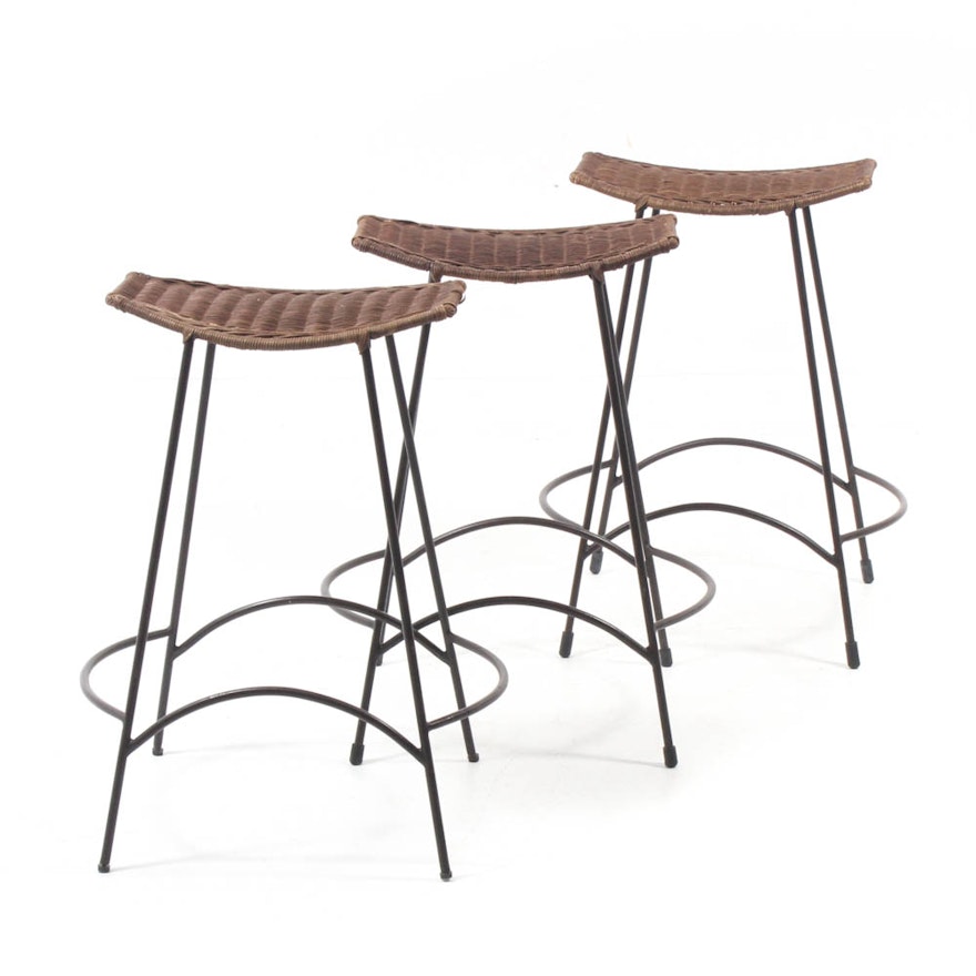 Arthur Umanoff Wicker-Top Metal Bar Stools