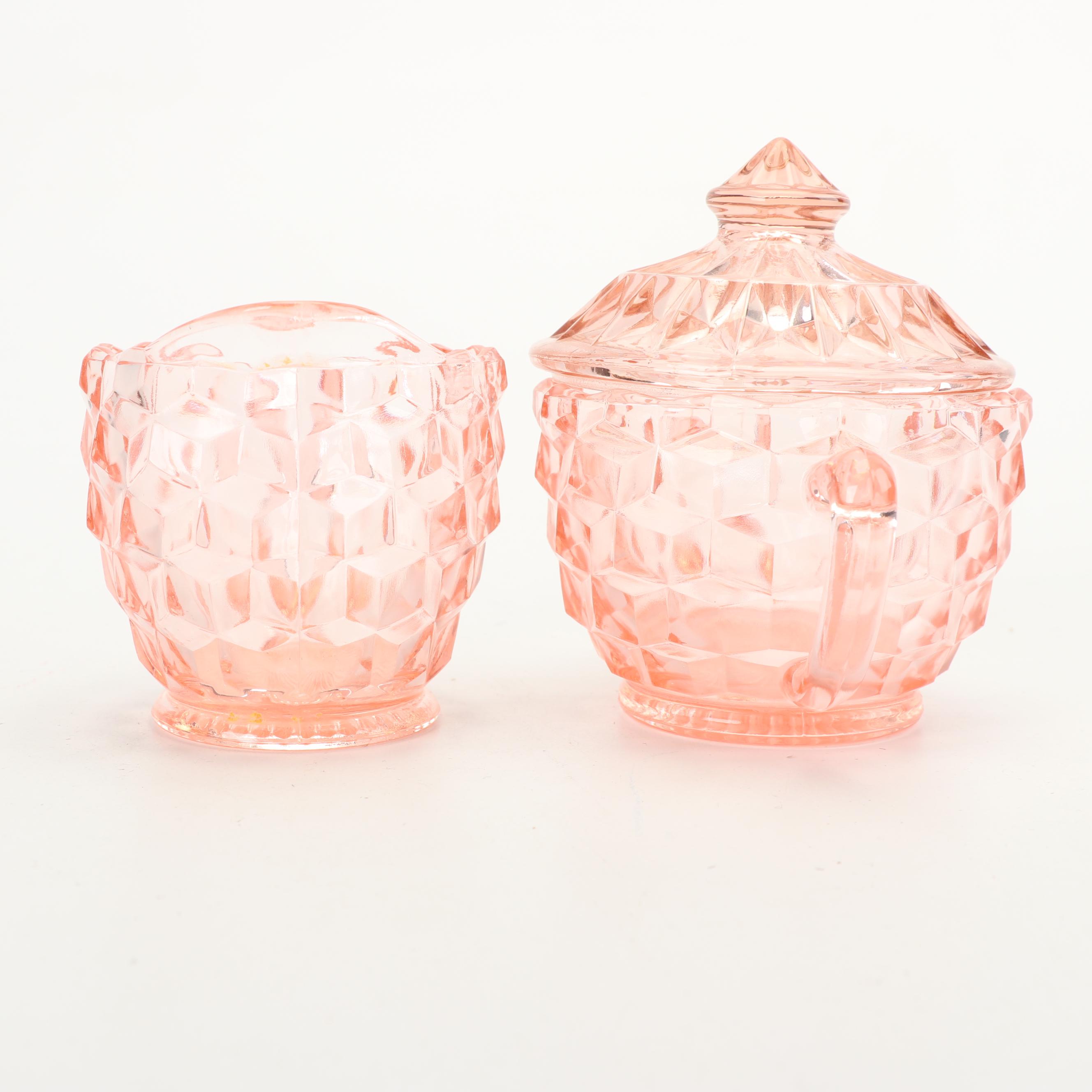 Vintage Pink Depression Glass Creamer and Sugar Sets featuring Jeanette