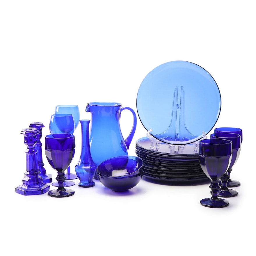 Cobalt Blue Glass Dinnerware with Goblets and Candlesticks featuring Libbey