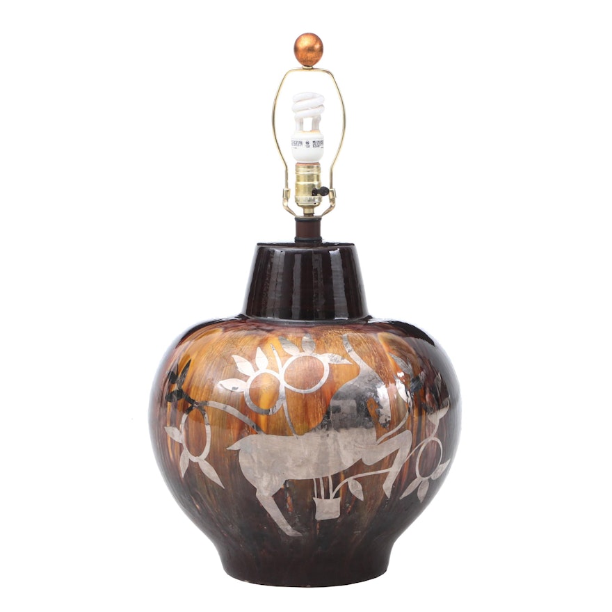 Drip Glaze Ceramic Table Lamp Featuring Silver Leaf Antelopes, Mid-Century