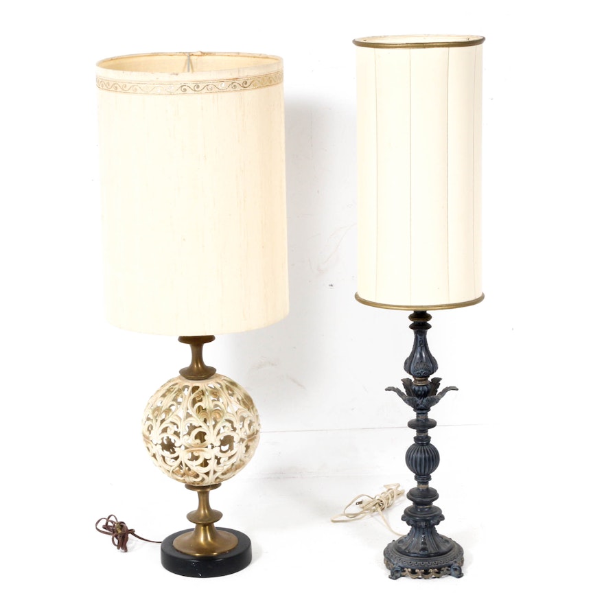 Reticulated Orb and Acanthus Accented Tapered Metal Table Lamps with Lamp Shades