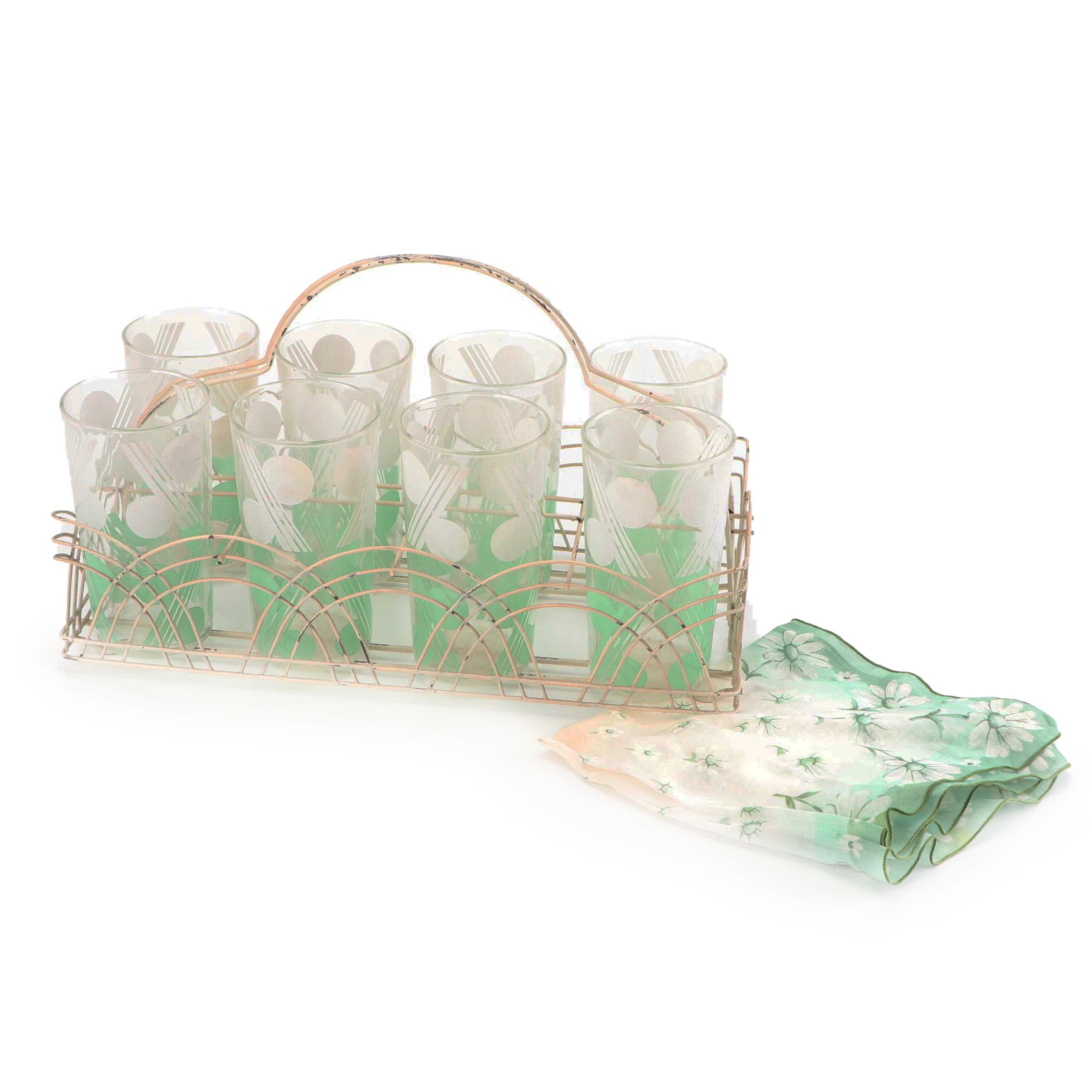 Art Deco Style Tumbler Glasses with Wire Caddy and Handkerchief