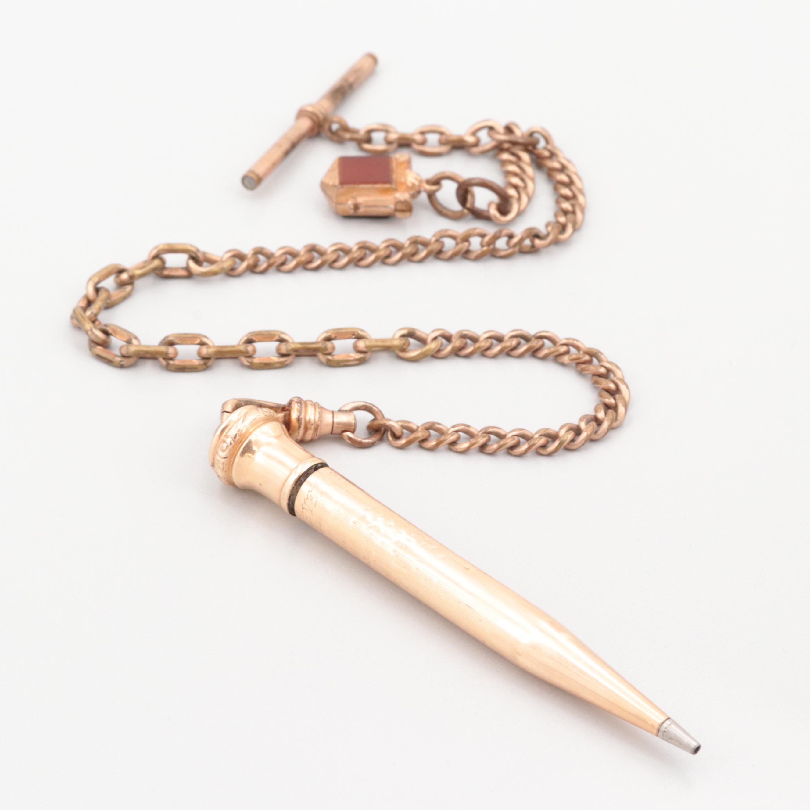 Antique Bloodstone and Sard Watch Chain with Wahl Eversharp Mechanical Pencil
