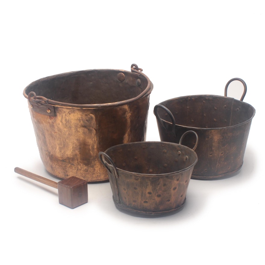 Hammered Copper Cauldron and Dual Handled Pots, Mid-19th Century