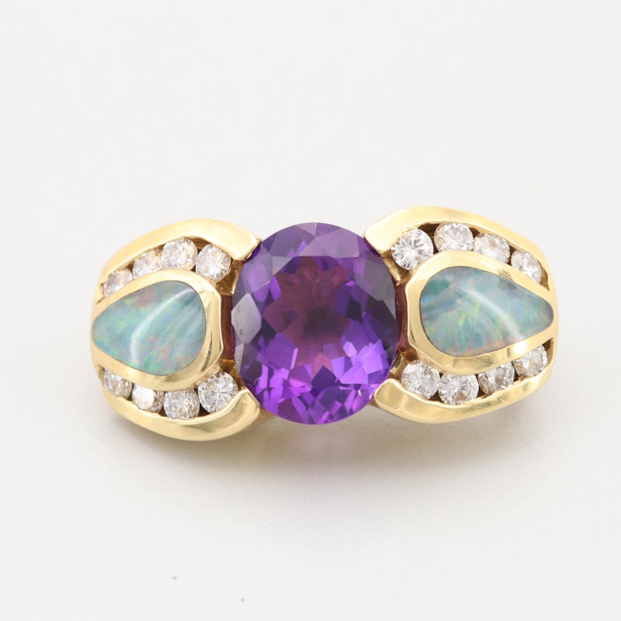 18K Yellow Gold Diamond Amethyst and Opal Brooch