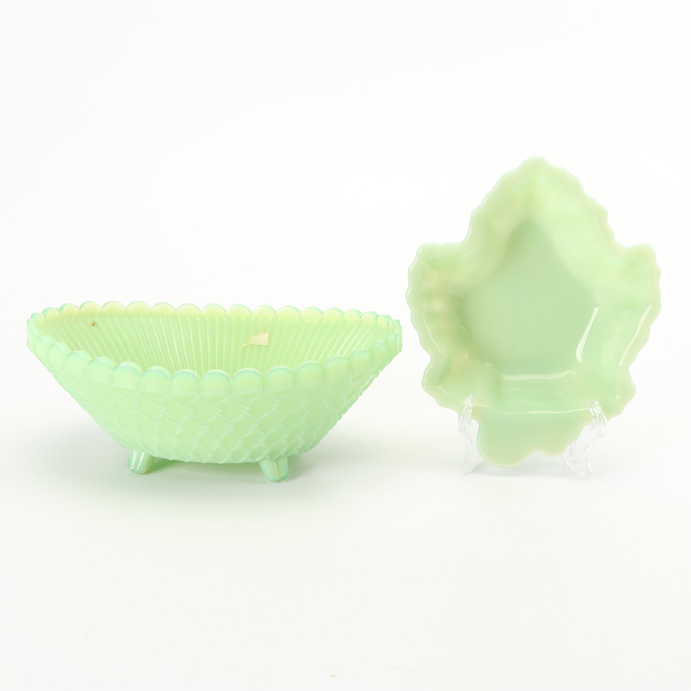Anchor Hocking "Jade-ite" Glass Leaf Dish with Footed Bowl, Mid-Century